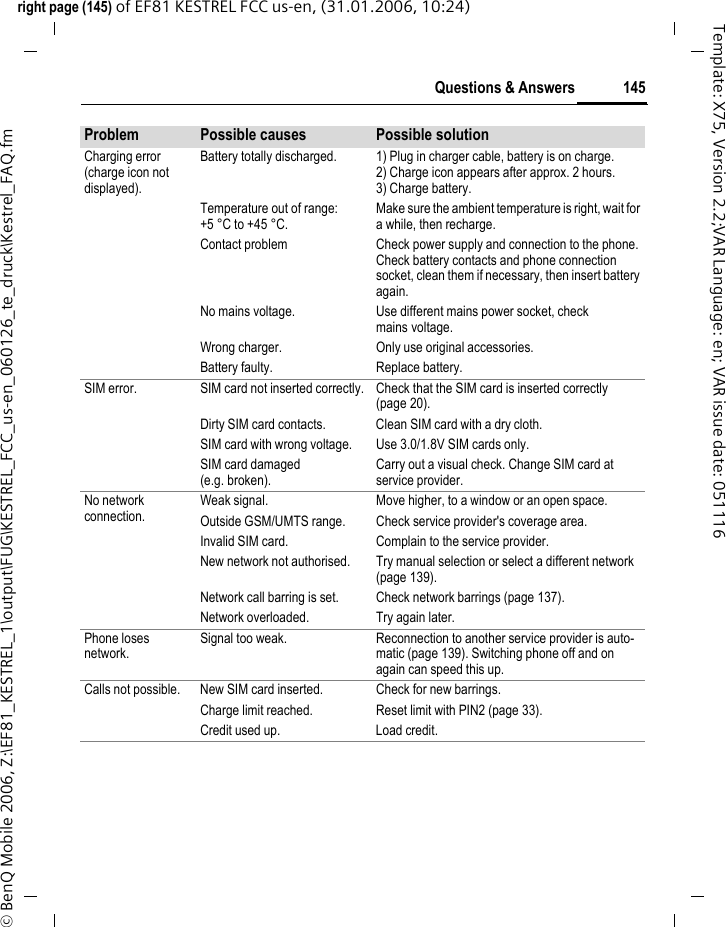 145Questions &amp; Answersright page (145) of EF81 KESTREL FCC us-en, (31.01.2006, 10:24)&copy; BenQ Mobile 2006, Z:\EF81_KESTREL_1\output\FUG\KESTREL_FCC_us-en_060126_te_druck\Kestrel_FAQ.fmTemplate: X75, Version 2.2;VAR Language: en; VAR issue date: 051116Charging error(charge icon not displayed).Battery totally discharged. 1) Plug in charger cable, battery is on charge. 2) Charge icon appears after approx. 2 hours.3) Charge battery.Temperature out of range: +5 &deg;C to +45 &deg;C.Make sure the ambient temperature is right, wait for a while, then recharge.Contact problem Check power supply and connection to the phone. Check battery contacts and phone connection socket, clean them if necessary, then insert battery again.No mains voltage. Use different mains power socket, check mains voltage.Wrong charger. Only use original accessories.Battery faulty. Replace battery.SIM error.  SIM card not inserted correctly. Check that the SIM card is inserted correctly (page 20).Dirty SIM card contacts. Clean SIM card with a dry cloth.SIM card with wrong voltage. Use 3.0/1.8V SIM cards only.SIM card damaged (e.g. broken).Carry out a visual check. Change SIM card at service provider.No network connection.Weak signal. Move higher, to a window or an open space.Outside GSM/UMTS range. Check service provider's coverage area.Invalid SIM card. Complain to the service provider.New network not authorised. Try manual selection or select a different network (page 139).Network call barring is set. Check network barrings (page 137).Network overloaded. Try again later.Phone loses network.Signal too weak. Reconnection to another service provider is auto-matic (page 139). Switching phone off and on again can speed this up.Calls not possible. New SIM card inserted. Check for new barrings.Charge limit reached. Reset limit with PIN2 (page 33).Credit used up. Load credit.Problem Possible causes Possible solution