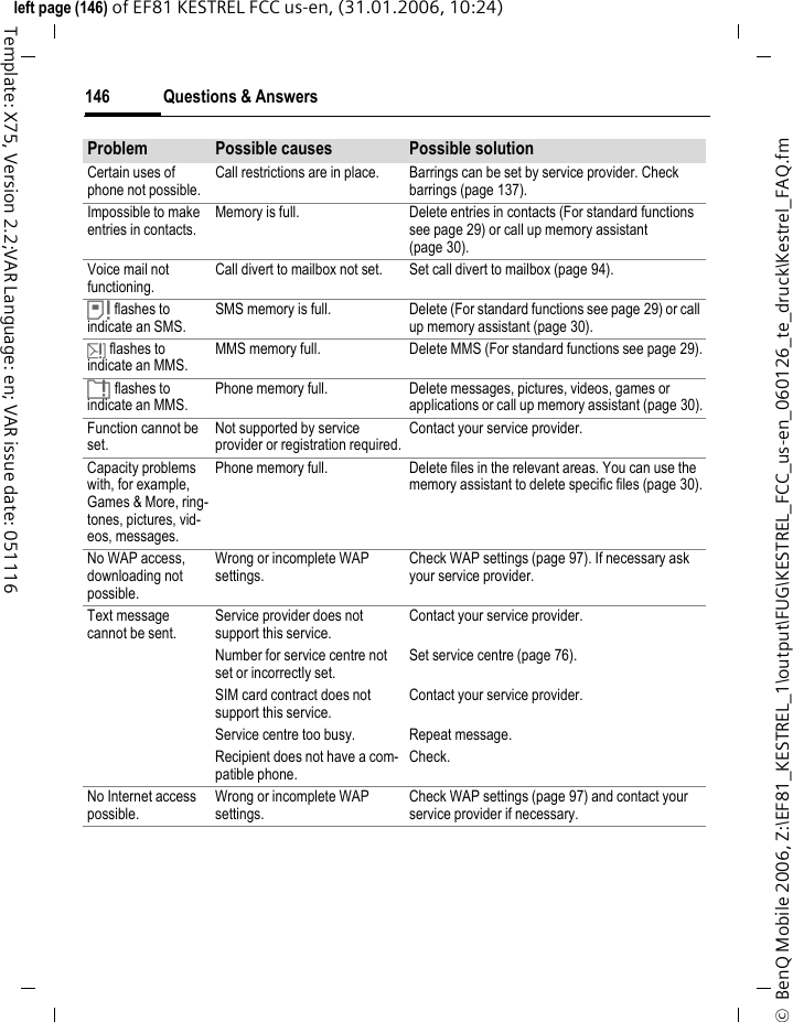 Questions &amp; Answers146&copy;  BenQ Mobile 2006, Z:\EF81_KESTREL_1\output\FUG\KESTREL_FCC_us-en_060126_te_druck\Kestrel_FAQ.fmleft page (146) of EF81 KESTREL FCC us-en, (31.01.2006, 10:24)Template: X75, Version 2.2;VAR Language: en; VAR issue date: 051116Certain uses of phone not possible.Call restrictions are in place. Barrings can be set by service provider. Check barrings (page 137).Impossible to make entries in contacts.Memory is full. Delete entries in contacts (For standard functions see page 29) or call up memory assistant (page 30).Voice mail not functioning.Call divert to mailbox not set. Set call divert to mailbox (page 94).&atilde; flashes to indicate an SMS.SMS memory is full. Delete (For standard functions see page 29) or call up memory assistant (page 30).&auml; flashes to indicate an MMS.MMS memory full. Delete MMS (For standard functions see page 29).&aring; flashes to indicate an MMS.Phone memory full. Delete messages, pictures, videos, games or applications or call up memory assistant (page 30).Function cannot be set.Not supported by service provider or registration required.Contact your service provider.Capacity problems with, for example, Games &amp; More, ring-tones, pictures, vid-eos, messages.Phone memory full. Delete files in the relevant areas. You can use the memory assistant to delete specific files (page 30).No WAP access, downloading not possible.Wrong or incomplete WAP settings.Check WAP settings (page 97). If necessary ask your service provider.Text message cannot be sent.Service provider does not support this service.Contact your service provider.Number for service centre not set or incorrectly set.Set service centre (page 76).SIM card contract does not support this service.Contact your service provider.Service centre too busy. Repeat message.Recipient does not have a com-patible phone.Check.No Internet access possible.Wrong or incomplete WAP settings.Check WAP settings (page 97) and contact your service provider if necessary.Problem Possible causes Possible solution