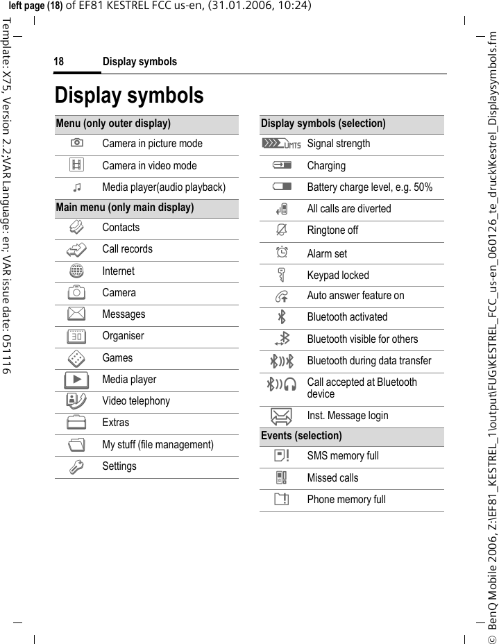 Display symbols18&copy;  BenQ Mobile 2006, Z:\EF81_KESTREL_1\output\FUG\KESTREL_FCC_us-en_060126_te_druck\Kestrel_Displaysymbols.fmleft page (18) of EF81 KESTREL FCC us-en, (31.01.2006, 10:24)Template: X75, Version 2.2;VAR Language: en; VAR issue date: 051116Display symbolsMenu (only outer display); Camera in picture mode< Camera in video mode: Media player(audio playback)Main menu (only main display)L ContactsP Call recordsO InternetR CameraM MessagesQ Organiser&sect; Games&brvbar; Media player&yen; Video telephonyS ExtrasN My stuff (file management)T SettingsDisplay symbols (selection)Z Signal strengthY ChargingW Battery charge level, e.g. 50%&Ccedil; All calls are diverted&iquest; Ringtone off&sup1; Alarm set&Auml; Keypad locked&Aring; Auto answer feature on&uml; Bluetooth activated &copy; Bluetooth visible for others&ordf; Bluetooth during data transfer&not; Call accepted at Bluetooth device&oelig; Inst. Message loginEvents (selection) &atilde; SMS memory full} Missed calls&aring; Phone memory full