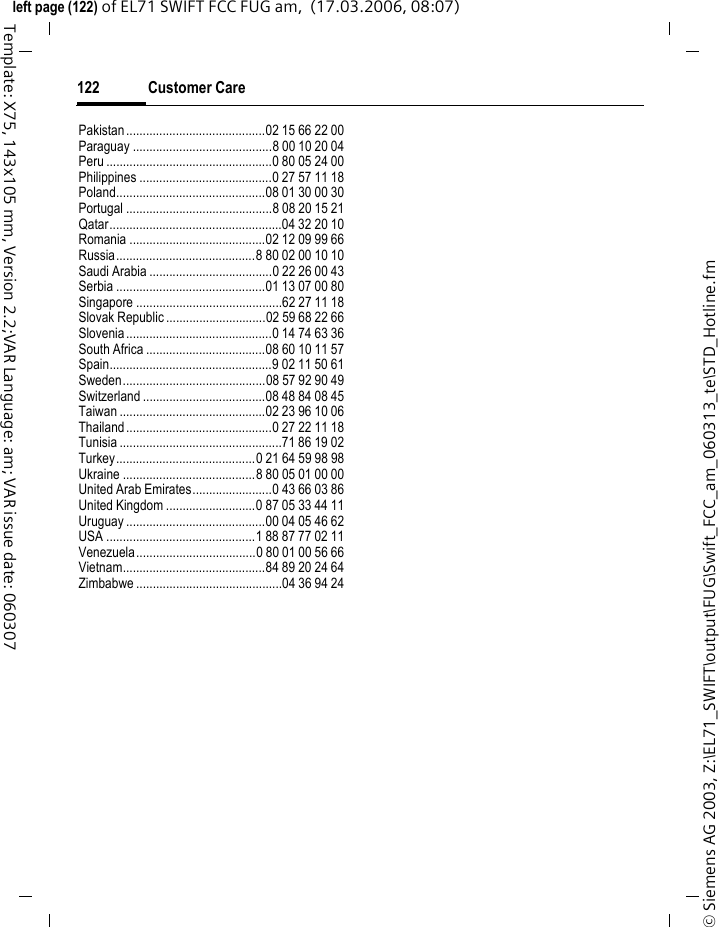 Questions &amp; Answers120&copy; Siemens AG 2003, Z:\EL71_SWIFT\output\FUG\Swift_FCC_am_060313_te\SWIFT_FAQ.fmleft page (120) of EL71 SWIFT FCC FUG am,  (17.03.2006, 08:18)Template: X75, 143x105 mm, Version 2.2;VAR Language: am; VAR issue date: 060222PIN error/PIN2 errorThree wrong entries. Enter the PUK (MASTER PIN) supplied with the SIM card according to the instructions. If the PUK (MASTER PIN) has been lost, contact your service provider.Phone code error. Three wrong entries. Contact the Service (page 121).Service provider code error.No authorisation for this service. Contact your service provider.Too few/too many menu entries.Functions may have been added or deleted by the service provider via the SIM card.Check with your service provider.No fax possible. Wrong settings in the PC. Check settings.No authorisation for this service. Contact your service provider.Charge meter does not work.Charge pulse is not being transmitted.Contact your service provider.DamageSevere shock. Remove battery and SIM and re-insert them. Do not dismantle the phone!Phone became wet.Remove battery and SIM. Dry immediately with a cloth, but do not apply heat. Dry connector contacts thoroughly. Stand mobile upright in an air current. Do not dismantle the phone!Problem Possible causes Possible solutionReset settings to the factory default, page 84: * # 9 9 9 9 # A 