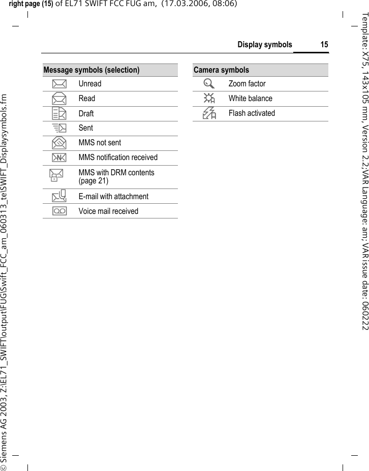 15Display symbolsright page (15) of EL71 SWIFT FCC FUG am,  (17.03.2006, 08:06)&copy; Siemens AG 2003, Z:\EL71_SWIFT\output\FUG\Swift_FCC_am_060313_te\SWIFT_Displaysymbols.fmTemplate: X75, 143x105 mm, Version 2.2;VAR Language: am; VAR issue date: 060222Message symbols (selection)m Unreadn Reado Draftp Sentq MMS not sentr MMS notification receivedt MMS with DRM contents (page 21)v E-mail with attachmentl Voice mail receivedCamera symbols&Uacute; Zoom factor&Ucirc; White balance&Oslash; Flash activated