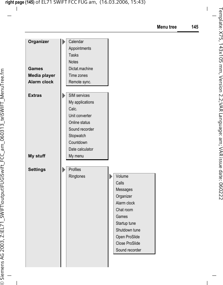 143Menu treeright page (143) of EL71 SWIFT FCC FUG am,  (16.03.2006, 15:43)&copy; Siemens AG 2003, Z:\EL71_SWIFT\output\FUG\Swift_FCC_am_060313_te\SWIFT_MenuTree.fmTemplate: X75, 143x105 mm, Version 2.2;VAR Language: am; VAR issue date: 060222Menu treeContacts >All contactsGroupsOnline statusSIMFilterCall records >Missed callsCalls receivedCalls dialedDelete recordsTime/charges >Last callAll incom. callsAll outg. callsRemain. unitsCharge settingsInternet >URL/service providerDownload wiz.Enter URLBookmarksInternetHistorySaved websitesCamera >Take a photoRecord videoMessages >Create new >SMSMMSE-mail