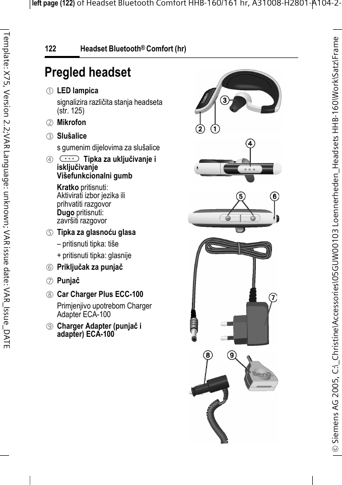 Headset Bluetooth&reg; Comfort (hr)&copy; Siemens AG 2005, C:\_Christine\Accessories\05GUW00103 Loennerheden_Headsets HHB-160\Work\Satz\Frame left page (122) of Headset Bluetooth Comfort HHB-160/161 hr, A31008-H2801-A104-2-122Template: X75, Version 2.2;VAR Language: unknown; VAR issue date: VAR_Issue_DATEPregled headset1 LED lampica signalizira različita stanja headseta (str. 125)2 Mikrofon3 Slu&scaron;alices gumenim dijelovima za slu&scaron;alice4 a Tipka za uključivanje i isključivanjeVi&scaron;efunkcionalni gumb Kratko pritisnuti:Aktivirati izbor jezika iliprihvatiti razgovorDugo pritisnuti:zavr&scaron;iti razgovor5 Tipka za glasnoću glasa&ndash; pritisnuti tipka: ti&scaron;e+ pritisnuti tipka: glasnije6 Priključak za punjač7 Punjač8 Car Charger Plus ECC-100Primjenjivo upotrebom Charger Adapter ECA-1009 Charger Adapter (punjač i adapter) ECA-100
