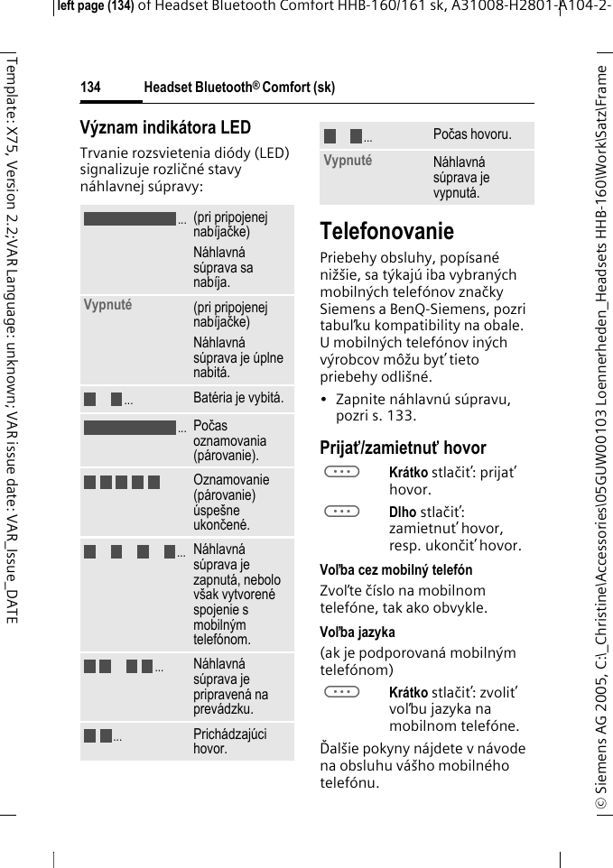Headset Bluetooth&reg; Comfort (sk)&copy; Siemens AG 2005, C:\_Christine\Accessories\05GUW00103 Loennerheden_Headsets HHB-160\Work\Satz\Frame left page (134) of Headset Bluetooth Comfort HHB-160/161 sk, A31008-H2801-A104-2-134Template: X75, Version 2.2;VAR Language: unknown; VAR issue date: VAR_Issue_DATEV&yacute;znam indik&aacute;tora LEDTrvanie rozsvietenia di&oacute;dy (LED) signalizuje rozličn&eacute; stavy n&aacute;hlavnej s&uacute;pravy:TelefonovaniePriebehy obsluhy, pop&iacute;san&eacute; niž&scaron;ie, sa t&yacute;kaj&uacute; iba vybran&yacute;ch mobiln&yacute;ch telef&oacute;nov značky Siemens a BenQ-Siemens, pozri tabuľku kompatibility na obale. U mobiln&yacute;ch telef&oacute;nov in&yacute;ch v&yacute;robcov m&ocirc;žu byť tieto priebehy odli&scaron;n&eacute;.&bull; Zapnite n&aacute;hlavn&uacute; s&uacute;pravu, pozri s. 133.Prijať/zamietnuť hovoraKr&aacute;tko stlačiť: prijať hovor.aDlho stlačiť: zamietnuť hovor, resp. ukončiť hovor.Voľba cez mobiln&yacute; telef&oacute;nZvoľte č&iacute;slo na mobilnom telef&oacute;ne, tak ako obvykle.Voľba jazyka(ak je podporovan&aacute; mobiln&yacute;m telef&oacute;nom)aKr&aacute;tko stlačiť: zvoliť voľbu jazyka na mobilnom telef&oacute;ne.Ďal&scaron;ie pokyny n&aacute;jdete v n&aacute;vode na obsluhu v&aacute;&scaron;ho mobiln&eacute;ho telef&oacute;nu.(pri pripojenej nab&iacute;jačke)N&aacute;hlavn&aacute; s&uacute;prava sa nab&iacute;ja.Vypnut&eacute; (pri pripojenej nab&iacute;jačke)N&aacute;hlavn&aacute; s&uacute;prava je &uacute;plne nabit&aacute;.Bat&eacute;ria je vybit&aacute;.Počas oznamovania (p&aacute;rovanie).Oznamovanie (p&aacute;rovanie) &uacute;spe&scaron;ne ukončen&eacute;.N&aacute;hlavn&aacute; s&uacute;prava je zapnut&aacute;, nebolo v&scaron;ak vytvoren&eacute; spojenie s mobiln&yacute;m telef&oacute;nom.N&aacute;hlavn&aacute; s&uacute;prava je pripraven&aacute; na prev&aacute;dzku.Prich&aacute;dzaj&uacute;ci hovor...................Počas hovoru.Vypnut&eacute; N&aacute;hlavn&aacute; s&uacute;prava je vypnut&aacute;....