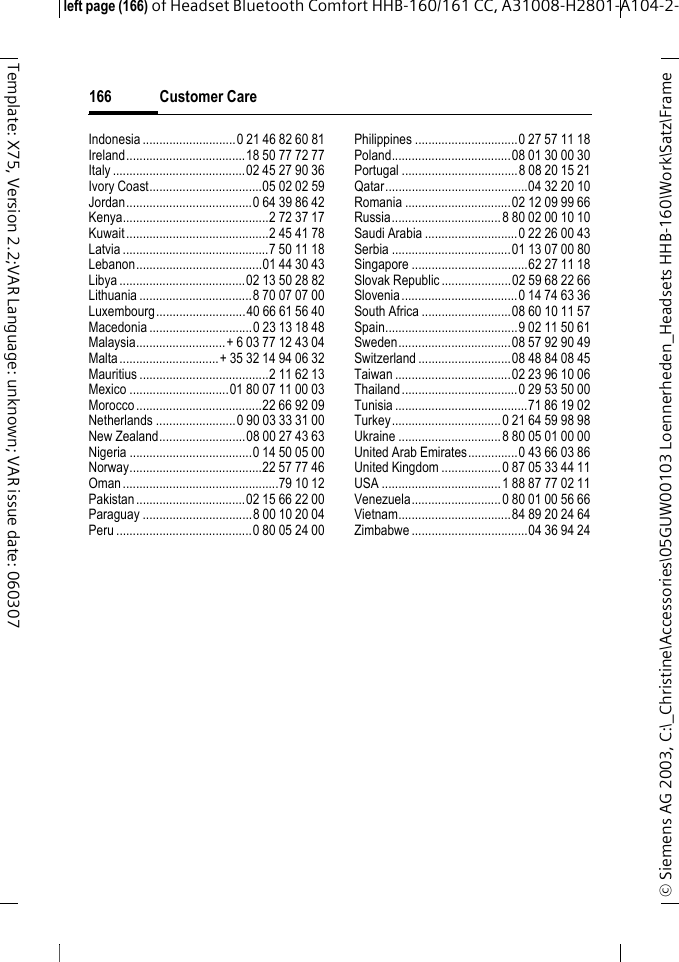 Customer Care&copy; Siemens AG 2003, C:\_Christine\Accessories\05GUW00103 Loennerheden_Headsets HHB-160\Work\Satz\Frame left page (166) of Headset Bluetooth Comfort HHB-160/161 CC, A31008-H2801-A104-2-166Template: X75, Version 2.2;VAR Language: unknown; VAR issue date: 060307Indonesia ............................0 21 46 82 60 81Ireland....................................18 50 77 72 77Italy ........................................02 45 27 90 36Ivory Coast..................................05 02 02 59Jordan......................................0 64 39 86 42Kenya............................................2 72 37 17Kuwait...........................................2 45 41 78Latvia............................................7 50 11 18Lebanon......................................01 44 30 43Libya ......................................02 13 50 28 82Lithuania..................................8 70 07 07 00Luxembourg...........................40 66 61 56 40Macedonia ...............................0 23 13 18 48Malaysia...........................+ 6 03 77 12 43 04Malta..............................+ 35 32 14 94 06 32Mauritius .......................................2 11 62 13Mexico ..............................01 80 07 11 00 03Morocco......................................22 66 92 09Netherlands ........................0 90 03 33 31 00New Zealand..........................08 00 27 43 63Nigeria .....................................0 14 50 05 00Norway........................................22 57 77 46Oman...............................................79 10 12Pakistan.................................02 15 66 22 00Paraguay .................................8 00 10 20 04Peru .........................................0 80 05 24 00Philippines ...............................0 27 57 11 18Poland....................................08 01 30 00 30Portugal ...................................8 08 20 15 21Qatar...........................................04 32 20 10Romania ................................02 12 09 99 66Russia.................................8 80 02 00 10 10Saudi Arabia ............................0 22 26 00 43Serbia ....................................01 13 07 00 80Singapore ...................................62 27 11 18Slovak Republic .....................02 59 68 22 66Slovenia...................................0 14 74 63 36South Africa ...........................08 60 10 11 57Spain........................................9 02 11 50 61Sweden..................................08 57 92 90 49Switzerland............................08 48 84 08 45Taiwan ...................................02 23 96 10 06Thailand...................................0 29 53 50 00Tunisia........................................71 86 19 02Turkey.................................0 21 64 59 98 98Ukraine ...............................8 80 05 01 00 00United Arab Emirates...............0 43 66 03 86United Kingdom ..................0 87 05 33 44 11USA ....................................1 88 87 77 02 11Venezuela...........................0 80 01 00 56 66Vietnam..................................84 89 20 24 64Zimbabwe ...................................04 36 94 24