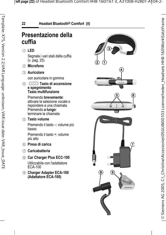 Headset Bluetooth&reg; Comfort  (it)&copy; Siemens AG 2005, C:\_Christine\Accessories\05GUW00103 Loennerheden_Headsets HHB-160\Work\Satz\Frame left page (22) of Headset Bluetooth Comfort HHB-160/161 it, A31008-H2801-A104-2-22Template: X75, Version 2.2;VAR Language: unknown; VAR issue date: VAR_Issue_DATEPresentazione della cuffia1 LED Segnala i vari stati della cuffia (v. pag. 25)2 Microfono3 Auricolarecon auricolare in gomma4 aTasto di accensione e spegnimentoTasto multifunzione Premendo brevemente:attivare la selezione vocale orispondere a una chiamataPremendo a lungo:terminare la chiamata5 Tasto volumePremendo il tasto &ndash;: volume pi&ugrave; bassoPremendo il tasto +: volume pi&ugrave; alto6 Presa di carica7 Caricabatteria8 Car Charger Plus ECC-100Utilizzabile con l'adattatore ECA-100 9 Charger Adapter ECA-100(Adattatore ECA-100)