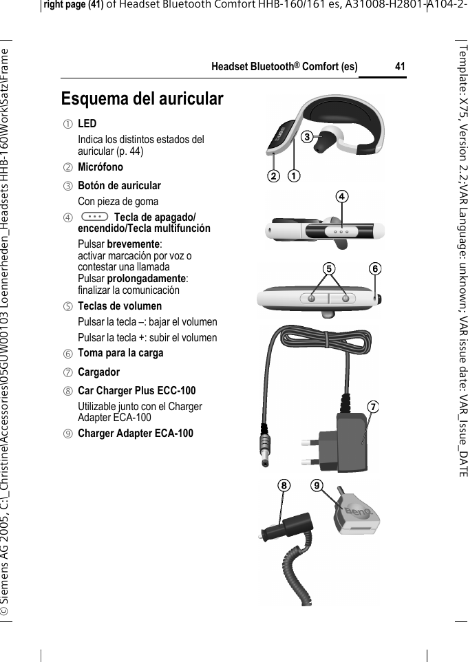 Headset Bluetooth&reg; Comfort (es)right page (41) of Headset Bluetooth Comfort HHB-160/161 es, A31008-H2801-A104-2-&copy; Siemens AG 2005, C:\_Christine\Accessories\05GUW00103 Loennerheden_Headsets HHB-160\Work\Satz\Frame 41Template: X75, Version 2.2;VARLanguage: unknown;VARissuedate:VAR_Issue_DATEEsquema del auricular1 LED Indica los distintos estados del auricular (p. 44)2 Micr&oacute;fono3 Bot&oacute;n de auricularCon pieza de goma4 a Tecla de apagado/encendido/Tecla multifunci&oacute;nPulsar brevemente:activar marcaci&oacute;n por voz ocontestar una llamada Pulsar prolongadamente:finalizar la comunicaci&oacute;n5 Teclas de volumenPulsar la tecla &ndash;: bajar el volumenPulsar la tecla +: subir el volumen6 Toma para la carga7 Cargador8 Car Charger Plus ECC-100 Utilizable junto con el Charger Adapter ECA-100 9 Charger Adapter ECA-100