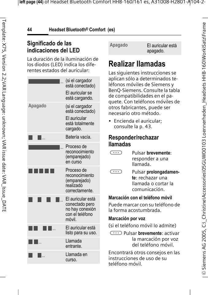 Headset Bluetooth&reg; Comfort  (es)&copy; Siemens AG 2005, C:\_Christine\Accessories\05GUW00103 Loennerheden_Headsets HHB-160\Work\Satz\Frame left page (44) of Headset Bluetooth Comfort HHB-160/161 es, A31008-H2801-A104-2-44Template: X75, Version 2.2;VAR Language: unknown; VAR issue date: VAR_Issue_DATESignificado de las indicaciones del LEDLa duraci&oacute;n de la iluminaci&oacute;n de los diodos (LED) indica los dife-rentes estados del auricular: Realizar llamadasLas siguientes instrucciones se aplican s&oacute;lo a determinados te-l&eacute;fonos m&oacute;viles de Siemens y BenQ-Siemens. Consulte la tabla de compatibilidades en el pa-quete. Con tel&eacute;fonos m&oacute;viles de otros fabricantes, puede ser necesario otro m&eacute;todo.&bull; Encienda el auricular; consulte la p. 43.Responder/rechazar llamadasaPulsar brevemente: responder a una llamada.aPulsar prolongadamen-te: rechazar una llamada o cortar la comunicaci&oacute;n.Marcaci&oacute;n con el tel&eacute;fono m&oacute;vilPuede marcar con su tel&eacute;fono de la forma acostumbrada.Marcaci&oacute;n por voz(si el tel&eacute;fono m&oacute;vil lo admite)aPulsar brevemente: activar la marcaci&oacute;n por voz del tel&eacute;fono m&oacute;vil.Encontrar&aacute; otros consejos en las instrucciones de uso de su tel&eacute;fono m&oacute;vil.(si el cargador est&aacute; conectado)El auricular se est&aacute; cargando.Apagado (si el cargador est&aacute; conectado)El auricular est&aacute; totalmente cargado.Bater&iacute;a vac&iacute;a.Proceso de reconocimiento (emparejado) en cursoProceso de reconocimiento (emparejado) realizado correctamente.El auricular est&aacute; conectado pero no hay conexi&oacute;n con el tel&eacute;fono m&oacute;vil.El auricular est&aacute; listo para su uso.Llamada entrante.Llamada en curso......................Apagado El auricular est&aacute; apagado.