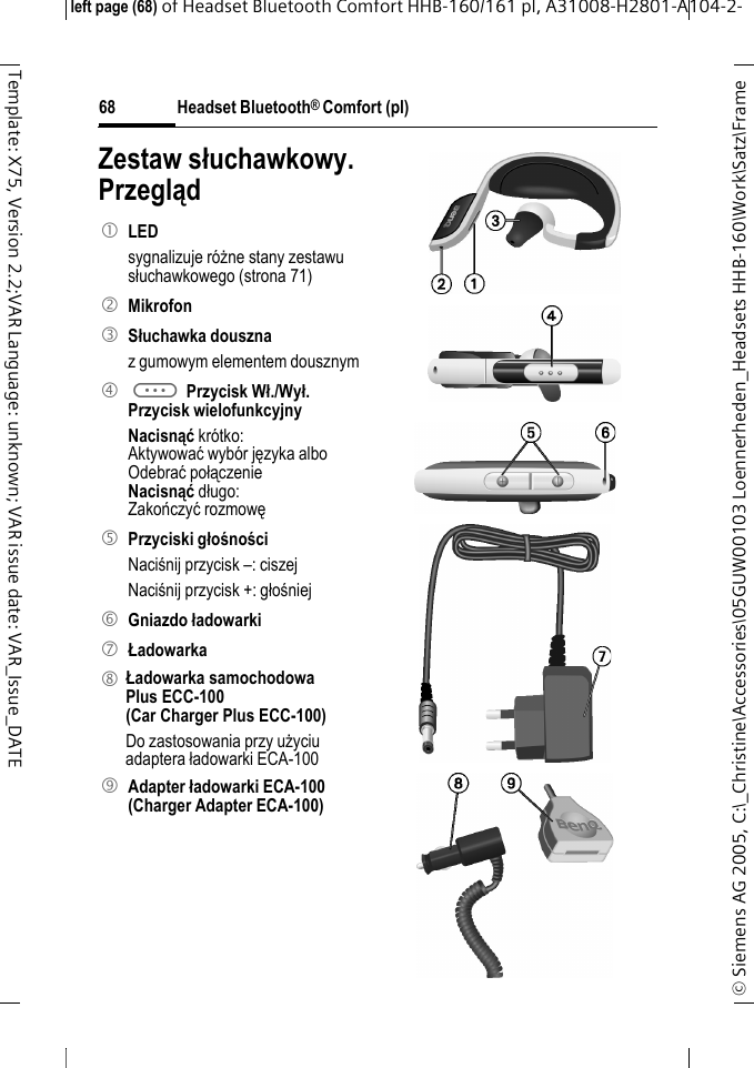 Headset Bluetooth&reg; Comfort (pl)&copy; Siemens AG 2005, C:\_Christine\Accessories\05GUW00103 Loennerheden_Headsets HHB-160\Work\Satz\Frame left page (68) of Headset Bluetooth Comfort HHB-160/161 pl, A31008-H2801-A104-2-68Template: X75, Version 2.2;VAR Language: unknown; VAR issue date: VAR_Issue_DATEZestaw słuchawkowy. Przegląd 1 LED sygnalizuje r&oacute;żne stany zestawu słuchawkowego (strona 71)2 Mikrofon3 Słuchawka dousznaz gumowym elementem dousznym4 a Przycisk Wł./Wył.Przycisk wielofunkcyjnyNacisnąć kr&oacute;tko:Aktywować wyb&oacute;r języka alboOdebrać połączenieNacisnąć długo:Zakończyć rozmowę5 Przyciski głośnościNaciśnij przycisk &ndash;: ciszejNaciśnij przycisk +: głośniej6 Gniazdo ładowarki7 Ładowarka8 Ładowarka samochodowa Plus ECC-100 (Car Charger Plus ECC-100)Do zastosowania przy użyciu adaptera ładowarki ECA-100 9 Adapter ładowarki ECA-100(Charger Adapter ECA-100)