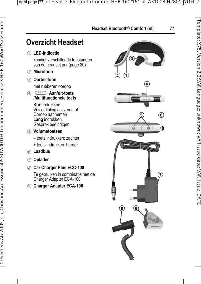 Headset Bluetooth&reg; Comfort (nl)right page (77) of Headset Bluetooth Comfort HHB-160/161 nl, A31008-H2801-A104-2-&copy; Siemens AG 2005, C:\_Christine\Accessories\05GUW00103 Loennerheden_Headsets HHB-160\Work\Satz\Frame 77Template: X75, Version 2.2;VARLanguage: unknown;VARissuedate:VAR_Issue_DATEOverzicht Headset1 LED-indicatie kondigt verschillende toestanden van de headset aan(page 80)2 Microfoon3 Oortelefoonmet rubberen oordop4 a Aan/uit-toets/Multifunctionele toetsKort indrukkenVoice dialing activeren ofOproep aannemenLang indrukken.Gesprek be&euml;indigen5 Volumetoetsen&ndash; toets indrukken: zachter+ toets indrukken: harder6 Laadbus7 Oplader8 Car Charger Plus ECC-100Te gebruiken in combinatie met de Charger Adapter ECA-100 9 Charger Adapter ECA-100