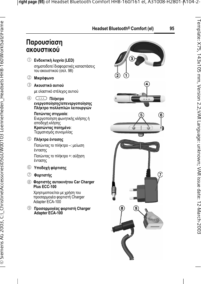 Headset Bluetooth&reg; Comfort (el)right page (95) of Headset Bluetooth Comfort HHB-160/161 el, A31008-H2801-A104-2-&copy; Siemens AG 2003, C:\_Christine\Accessories\05GUW00103 Loennerheden_Headsets HHB-160\Work\Satz\Frame 95Template: X75, 143x105 mm,Version2.2;VARLanguage: unknown;VARissuedate:12-March-2003&Pi;&alpha;&rho;&omicron;&upsilon;&sigma;ί&alpha;&sigma;&eta; &alpha;&kappa;&omicron;&upsilon;&sigma;&tau;&iota;&kappa;&omicron;ύ1 &Epsilon;&nu;&delta;&epsilon;&iota;&kappa;&tau;&iota;&kappa;ή &lambda;&upsilon;&chi;&nu;ί&alpha; (LED) &sigma;&eta;&micro;&alpha;&tau;&omicron;&delta;&omicron;&tau;&epsilon;ί &delta;&iota;&alpha;&phi;&omicron;&rho;&epsilon;&tau;&iota;&kappa;έ&sigmaf; &kappa;&alpha;&tau;&alpha;&sigma;&tau;ά&sigma;&epsilon;&iota;&sigmaf; &tau;&omicron;&upsilon; &alpha;&kappa;&omicron;&upsilon;&sigma;&tau;&iota;&kappa;&omicron;ύ (&sigma;&epsilon;&lambda;. 98)2 &Mu;&iota;&kappa;&rho;ό&phi;&omega;&nu;&omicron;3 &Alpha;&kappa;&omicron;&upsilon;&sigma;&tau;&iota;&kappa;ό &alpha;&upsilon;&tau;&iota;&omicron;ύ&micro;&epsilon; &epsilon;&lambda;&alpha;&sigma;&tau;&iota;&kappa;ό &sigma;&tau;έ&lambda;&epsilon;&chi;&omicron;&sigmaf; &alpha;&upsilon;&tau;&iota;&omicron;ύ4 a &Pi;&lambda;ή&kappa;&tau;&rho;&omicron; &epsilon;&nu;&epsilon;&rho;&gamma;&omicron;&pi;&omicron;ί&eta;&sigma;&eta;&sigmaf;/&alpha;&pi;&epsilon;&nu;&epsilon;&rho;&gamma;&omicron;&pi;&omicron;ί&eta;&sigma;&eta;&sigmaf;&Pi;&lambda;ή&kappa;&tau;&rho;&omicron; &pi;&omicron;&lambda;&lambda;&alpha;&pi;&lambda;ώ&nu; &lambda;&epsilon;&iota;&tau;&omicron;&upsilon;&rho;&gamma;&iota;ώ&nu;&Pi;&alpha;&tau;ώ&nu;&tau;&alpha;&sigmaf; &sigma;&tau;&iota;&gamma;&micro;&iota;&alpha;ί&alpha;:&Epsilon;&nu;&epsilon;&rho;&gamma;&omicron;&pi;&omicron;ί&eta;&sigma;&eta; &phi;&omega;&nu;&eta;&tau;&iota;&kappa;ή&sigmaf; &kappa;&lambda;ή&sigma;&eta;&sigmaf; ή&alpha;&pi;&omicron;&delta;&omicron;&chi;ή &kappa;&lambda;ή&sigma;&eta;&sigmaf;&Kappa;&rho;&alpha;&tau;ώ&nu;&tau;&alpha;&sigmaf; &pi;&alpha;&tau;&eta;&micro;έ&nu;&omicron;:&Tau;&epsilon;&rho;&micro;&alpha;&tau;&iota;&sigma;&micro;ό&sigmaf; &sigma;&upsilon;&nu;&omicron;&micro;&iota;&lambda;ί&alpha;&sigmaf;5 &Pi;&lambda;ή&kappa;&tau;&rho;&alpha; έ&nu;&tau;&alpha;&sigma;&eta;&sigmaf;&Pi;&alpha;&tau;ώ&nu;&tau;&alpha;&sigmaf; &tau;&omicron; &pi;&lambda;ή&kappa;&tau;&rho;&omicron; &ndash;: &micro;&epsilon;ί&omega;&sigma;&eta; έ&nu;&tau;&alpha;&sigma;&eta;&sigmaf;&Pi;&alpha;&tau;ώ&nu;&tau;&alpha;&sigmaf; &tau;&omicron; &pi;&lambda;ή&kappa;&tau;&rho;&omicron; +: &alpha;ύ&xi;&eta;&sigma;&eta; έ&nu;&tau;&alpha;&sigma;&eta;&sigmaf;6 &Upsilon;&pi;&omicron;&delta;&omicron;&chi;ή &phi;ό&rho;&tau;&iota;&sigma;&eta;&sigmaf;7 &Phi;&omicron;&rho;&tau;&iota;&sigma;&tau;ή&sigmaf;8 &Phi;&omicron;&rho;&tau;&iota;&sigma;&tau;ή&sigmaf; &alpha;&upsilon;&tau;&omicron;&kappa;&iota;&nu;ή&tau;&omicron;&upsilon; Car Charger Plus ECC-100&Chi;&rho;&eta;&sigma;&iota;&micro;&omicron;&pi;&omicron;&iota;&epsilon;ί&tau;&alpha;&iota; &micro;&epsilon; &chi;&rho;ή&sigma;&eta; &tau;&omicron;&upsilon; &pi;&rho;&omicron;&sigma;&alpha;&rho;&micro;&omicron;&gamma;έ&alpha; &phi;&omicron;&rho;&tau;&iota;&sigma;&tau;ή Charger Adapter ECA-100 9 &Pi;&rho;&omicron;&sigma;&alpha;&rho;&micro;&omicron;&gamma;έ&alpha;&sigmaf; &phi;&omicron;&rho;&tau;&iota;&sigma;&tau;ή Charger Adapter ECA-100