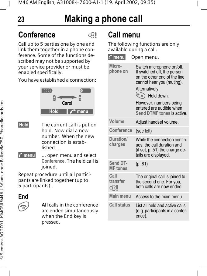Making a phone call23M46 AM English, A31008-H7600-A1-1 (19. April 2002, 09:35)&copy; Siemens AG 2001, I:\MOBIL\M46-USA\am_ohne Balken\MT50_PhoneRecords.fmConferenceCall up to 5 parties one by one and link them together in a phone con-ference. Some of the functions de-scribed may not be supported by your service provider or must be enabled specifically.You have established a connection: &sect;Hold&sect; The current call is put on hold. Now dial a new number. When the new connection is estab-lished...; menu&sect; ... open menu and select Conference. The held call is joined.Repeat procedure until all partici-pants are linked together (up to 5participants).EndSAll calls in the conference are ended simultaneously when the End key is pressed. Call menuThe following functions are only available during a call:; menu&sect; Open menu. ~< aZ ZCarolHold A menuMicro-phone on Switch microphone on/off. If switched off, the person on the other end of the line cannot hear you (muting). Alternatively:* Hold down.However, numbers being entered are audible when Send DTMF tones is active.Volume Adjust handset volume.Conference (see left)Duration/charges While the connection contin-ues, the call duration and (if set, p. 51) the charge de-tails are displayed.Send DT-MF tones (p. 81)Call transfer The original call is joined to the second one. For you, both calls are now ended.Main menu Access to the main menu.Call status List all held and active calls (e.g. participants in a confer-ence).~