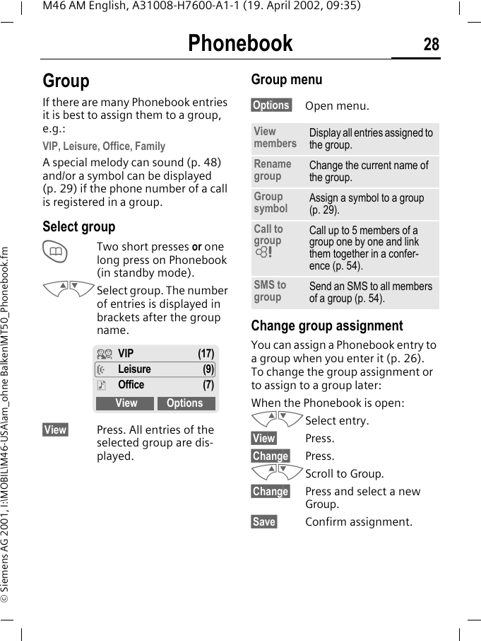 Phonebook 28M46 AM English, A31008-H7600-A1-1 (19. April 2002, 09:35)&copy; Siemens AG 2001, I:\MOBIL\M46-USA\am_ohne Balken\MT50_Phonebook.fmGroupIf there are many Phonebook entries it is best to assign them to a group, e.g.:VIP, Leisure, Office, FamilyA special melody can sound (p. 48) and/or a symbol can be displayed (p. 29) if the phone number of a call is registered in a group.Select groupTTwo short presses or one long press on Phonebook (in standby mode).MNSelect group. The number of entries is displayed in brackets after the group name. &sect;View&sect; Press. All entries of the selected group are dis-played.Group menu&sect;Options  Open menu.Change group assignmentYou can assign a Phonebook entry to a group when you enter it (p. 26). To change the group assignment or to assign to a group later:When the Phonebook is open:MNSelect entry.&sect;View&sect; Press.&sect;Change&sect; Press.MNScroll to Group.&sect;Change&sect; Press and select a new Group.&sect;Save&sect; Confirm assignment.&iquest;VIP (17)&frac12;Leisure (9)&frac34;Office (7)View OptionsView members Display all entries assigned to the group.Rename group Change the current name of the group.Group symbol Assign a symbol to a group (p. 29).Call to group ~Call up to 5 members of a group one by one and link them together in a confer-ence (p. 54).SMS to group Send an SMS to all members of a group (p. 54).