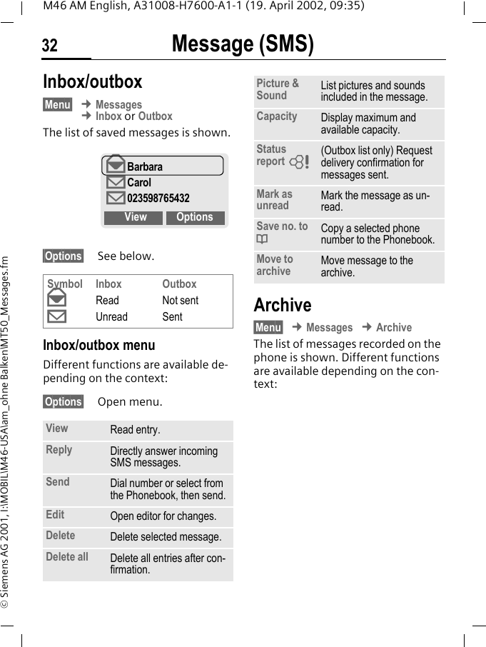 Message (SMS)32M46 AM English, A31008-H7600-A1-1 (19. April 2002, 09:35)&copy; Siemens AG 2001, I:\MOBIL\M46-USA\am_ohne Balken\MT50_Messages.fmInbox/outbox&sect;Menu&sect; &cent; Messages &cent; Inbox or OutboxThe list of saved messages is shown.&sect;Options&sect; See below.Inbox/outbox menuDifferent functions are available de-pending on the context:&sect;Options&sect; Open menu.Archive&sect;Menu&sect; &cent; Messages &cent; ArchiveThe list of messages recorded on the phone is shown. Different functions are available depending on the con-text:Symbol&ordf;&copy;InboxReadUnreadOutboxNot sentSentView Read entry.Reply Directly answer incoming SMS messages.Send Dial number or select from the Phonebook, then send.Edit Open editor for changes.Delete Delete selected message.Delete all Delete all entries after con-firmation.&ordf;Barbara&copy;Carol&copy;023598765432View OptionsPicture &amp; Sound List pictures and sounds included in the message.Capacity Display maximum and available capacity.Status report ~(Outbox list only) Request delivery confirmation for messages sent. Mark as unread Mark the message as un-read.Save no. to dCopy a selected phone number to the Phonebook.Move to archive Move message to the archive.