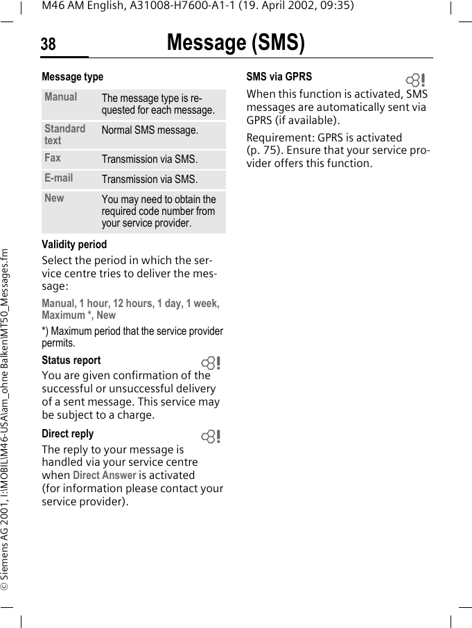 Message (SMS)38M46 AM English, A31008-H7600-A1-1 (19. April 2002, 09:35)&copy; Siemens AG 2001, I:\MOBIL\M46-USA\am_ohne Balken\MT50_Messages.fmMessage typeValidity periodSelect the period in which the ser-vice centre tries to deliver the mes-sage:Manual, 1 hour, 12 hours, 1 day, 1 week, Maximum *, New*) Maximum period that the service provider permits.Status reportYou are given confirmation of the successful or unsuccessful delivery of a sent message. This service may be subject to a charge.Direct replyThe reply to your message is handled via your service centre when Direct Answer is activated (for information please contact your service provider).SMS via GPRSWhen this function is activated, SMS messages are automatically sent via GPRS (if available). Requirement: GPRS is activated (p. 75). Ensure that your service pro-vider offers this function.Manual The message type is re-quested for each message.Standard text Normal SMS message.Fax Transmission via SMS.E-mail Transmission via SMS.New You may need to obtain the required code number from your service provider.~~~