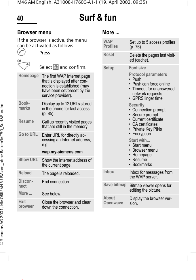 Surf &amp; fun40M46 AM English, A31008-H7600-A1-1 (19. April 2002, 09:35)&copy; Siemens AG 2001, I:\MOBIL\M46-USA\am_ohne Balken\MT50_Surf&amp;Fun.fmBrowser menuIf the browser is active, the menu can be activated as follows:APressorMSelect &dagger; and confirm.More ... Homepage The first WAP Internet page that is displayed after con-nection is established (may have been set/preset by the service provider).Book-marks Display up to 12 URLs stored in the phone for fast access (p. 85).Resume Call up recently visited pages that are still in the memory.Go to URL Enter URL for directly ac-cessing an Internet address, e.g. wap.my-siemens.comShow URL Show the Internet address of the current page.Reload The page is reloaded.Discon-nect End connection. More ... See below.Exit browser Close the browser and clear down the connection.WAP Profiles Set up to 5 access profiles (p. 76).Reset Delete the pages last visit-ed (cache). Setup Font sizeProtocol parameters&bull;Push&bull; Push can force online &bull; Timeout for unanswered network requests&bull; GPRS linger timeSecurity&bull; Connection prompt&bull; Secure prompt&bull; Current certificate&bull; CA certificates&bull; Private Key PINs&bull; EncryptionStart with...&bull; Start menu&bull; Browser menu&bull; Homepage&bull; Resume&bull; BookmarksInbox Inbox for messages from the WAP server.Save bitmap Bitmap viewer opens for editing the picture.About Openwave Display the browser ver-sion..