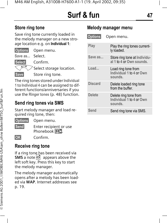 Surf &amp; fun 47M46 AM English, A31008-H7600-A1-1 (19. April 2002, 09:35)&copy; Siemens AG 2001, I:\MOBIL\M46-USA\am_ohne Balken\MT50_Surf&amp;Fun.fmStore ring toneSave ring tone currently loaded in the melody manager on a new stro-age location e.g. on Individual 1:&sect;Options&sect; Open menu.Save as... Select.&sect;Select&sect; Confirm.MNSelect storage location.&sect;Save&sect; Store ring tone.The ring tones stored under Individual 1 to Individual 4 can be assigned to dif-ferent functions/anniversaries if you use the Ringer tones (p. 48) function.Send ring tones via SMSStart melody manager and load re-quired ring tone, then:&sect;Options&sect; Open menu.&sect;Send&sect; Enter recipient or use Phonebook @.&sect;OK&sect; Confirm.Receive ring toneIf a ring tone has been received via SMS a note &sup1; appears above the left soft key. Press this key to start the melody manager. The melody manager automatically opens after a melody has been load-ed via WAP. Internet addresses see p. 19.Melody manager menu&sect;Options&sect; Open menu.Play Play the ring tones current-ly loaded.Save as... Store ring tone at Individu-al 1 to 4 or Own sounds.Load... Load ring tone from Individual 1 to 4 or Own sounds. Discard Delete loaded ring tone from the buffer.Delete Delete ring tone from Individual 1 to 4 or Own sounds.Send Send ring tone via SMS.