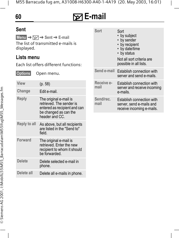 ] E-mail60M55 Barracuda fug am, A31008-H6300-A40-1-4A19  (20. May 2003, 16:01)&copy; Siemens AG 2001, I:\Mobil\L55\M55_Barracuda\am\M55\fug\M55_Messages.fmSent&sect;Menu&sect;K]KSentKE-mailThe list of transmitted e-mails is displayed.Lists menuEach list offers different functions:&sect;Options&sect; Open menu. View (p. 58)Change Edit e-mail.Reply The original e-mail is retrieved. The sender is entered as recipient and can be changed as can the header and CC.Reply to all As above, but all recipients are listed in the "Send to" field.Forward The original e-mail is retrieved. Enter the new recipient to whom it should be forwarded.Delete Delete selected e-mail in phone.Delete all Delete all e-mails in phone.Sort Sort&bull; by subject&bull; by sender&bull; by recipient&bull; by date/time&bull; by statusNot all sort criteria are possible in all lists.Send e-mail Establish connection with server and send e-mails.Receive e-mail Establish connection with server and receive incoming e-mails.Send/rec. mail Establish connection with server, send e-mails andreceive incoming e-mails.