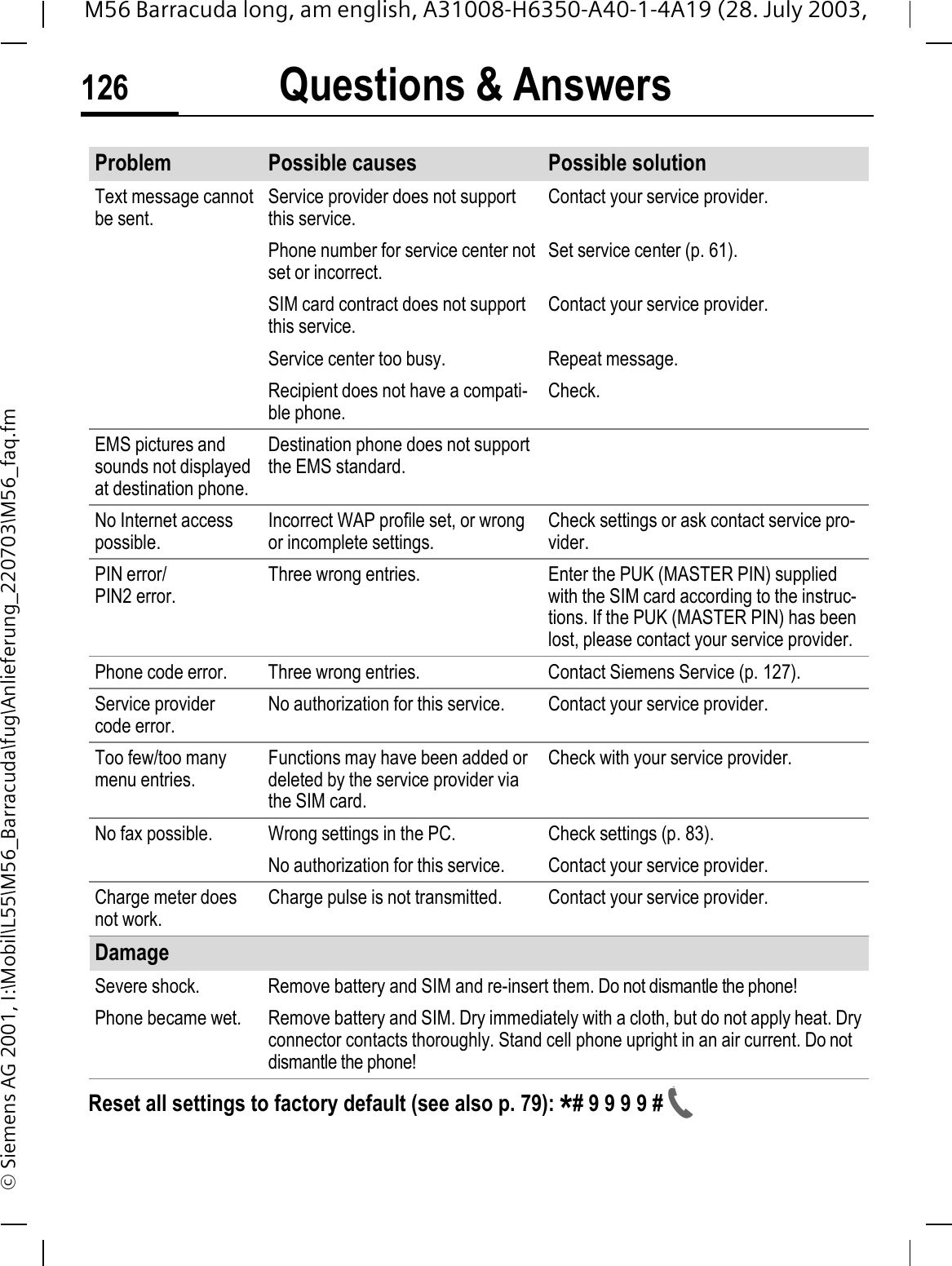 Questions &amp; Answers126M56 Barracuda long, am english, A31008-H6350-A40-1-4A19 (28. July 2003, &copy; Siemens AG 2001, I:\Mobil\L55\M56_Barracuda\fug\Anlieferung_220703\M56_faq.fmProblem Possible causes Possible solutionText message cannot be sent.Service provider does not support this service.Contact your service provider.Phone number for service center not set or incorrect.Set service center (p. 61).SIM card contract does not support this service.Contact your service provider.Service center too busy. Repeat message.Recipient does not have a compati-ble phone.Check.EMS pictures and sounds not displayed at destination phone.Destination phone does not support the EMS standard.No Internet access possible.Incorrect WAP profile set, or wrong or incomplete settings.Check settings or ask contact service pro-vider.PIN error/PIN2 error.Three wrong entries. Enter the PUK (MASTER PIN) supplied with the SIM card according to the instruc-tions. If the PUK (MASTER PIN) has been lost, please contact your service provider.Phone code error. Three wrong entries. Contact Siemens Service (p. 127).Service providercode error.No authorization for this service. Contact your service provider.Too few/too many menu entries.Functions may have been added or deleted by the service provider via the SIM card.Check with your service provider.No fax possible. Wrong settings in the PC. Check settings (p. 83).No authorization for this service. Contact your service provider.Charge meter does not work.Charge pulse is not transmitted. Contact your service provider.DamageSevere shock. Remove battery and SIM and re-insert them. Do not dismantle the phone!Phone became wet. Remove battery and SIM. Dry immediately with a cloth, but do not apply heat. Dry connector contacts thoroughly. Stand cell phone upright in an air current. Do not dismantle the phone!Reset all settings to factory default (see also p. 79): *# 9 9 9 9 # 