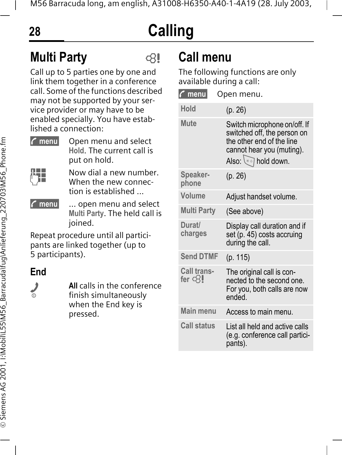 Calling28M56 Barracuda long, am english, A31008-H6350-A40-1-4A19 (28. July 2003, &copy; Siemens AG 2001, I:\Mobil\L55\M56_Barracuda\fug\Anlieferung_220703\M56_Phone.fmMulti PartyCall up to 5 parties one by one and link them together in a conference call. Some of the functions described may not be supported by your ser-vice provider or may have to be enabled specially. You have estab-lished a connection: y menu&sect; Open menu and select Hold. The current call is put on hold.Now dial a new number. When the new connec-tion is established ...y menu&sect; &hellip; open menu and select Multi Party. The held call is joined.Repeat procedure until all partici-pants are linked together (up to 5 participants).EndAll calls in the conference finish simultaneously when the End key is pressed. Call menuThe following functions are only available during a call:y menu&sect; Open menu.  Hold (p. 26)Mute Switch microphone on/off. If switched off, the person on the other end of the line cannot hear you (muting). Also:  hold down.Speaker-phone (p. 26)Volume Adjust handset volume.Multi Party (See above)Durat/charges Display call duration and if set (p. 45) costs accruing during the call.Send DTMF (p. 115)Call trans-fer  The original call is con-nected to the second one. For you, both calls are now ended.Main menu Access to main menu.Call status List all held and active calls (e.g. conference call partici-pants).