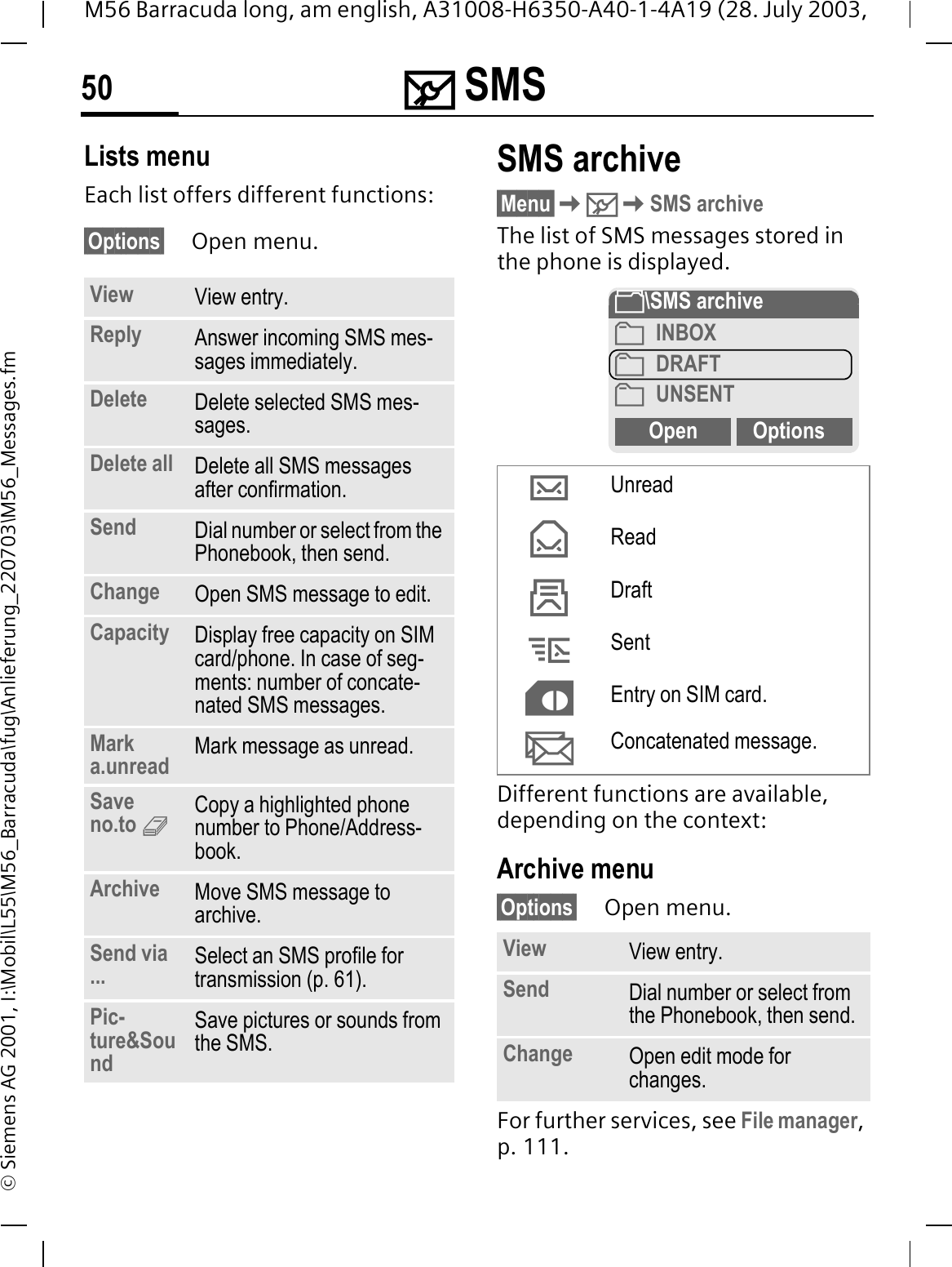 0 SMS50M56 Barracuda long, am english, A31008-H6350-A40-1-4A19 (28. July 2003, &copy; Siemens AG 2001, I:\Mobil\L55\M56_Barracuda\fug\Anlieferung_220703\M56_Messages.fmLists menuEach list offers different functions:&sect;Options&sect; Open menu.SMS archive&sect;Menu&sect;0SMS archiveThe list of SMS messages stored in the phone is displayed. Different functions are available, depending on the context:Archive menu&sect;Options&sect; Open menu.For further services, see File manager,p. 111.View View entry.Reply Answer incoming SMS mes-sages immediately.Delete Delete selected SMS mes-sages.Delete all Delete all SMS messages after confirmation.Send Dial number or select from the Phonebook, then send.Change Open SMS message to edit.Capacity Display free capacity on SIM card/phone. In case of seg-ments: number of concate-nated SMS messages.Mark a.unread Mark message as unread.Save no.to 9Copy a highlighted phone number to Phone/Address-book.Archive Move SMS message to archive.Send via ... Select an SMS profile for transmission (p. 61).Pic-ture&amp;SoundSave pictures or sounds from the SMS.VUnreadTReadSDraftUSentnEntry on SIM card.+Concatenated message.View View entry.Send Dial number or select from the Phonebook, then send.Change Open edit mode for changes.\SMS archiveoINBOXoDRAFToUNSENTOpen Options