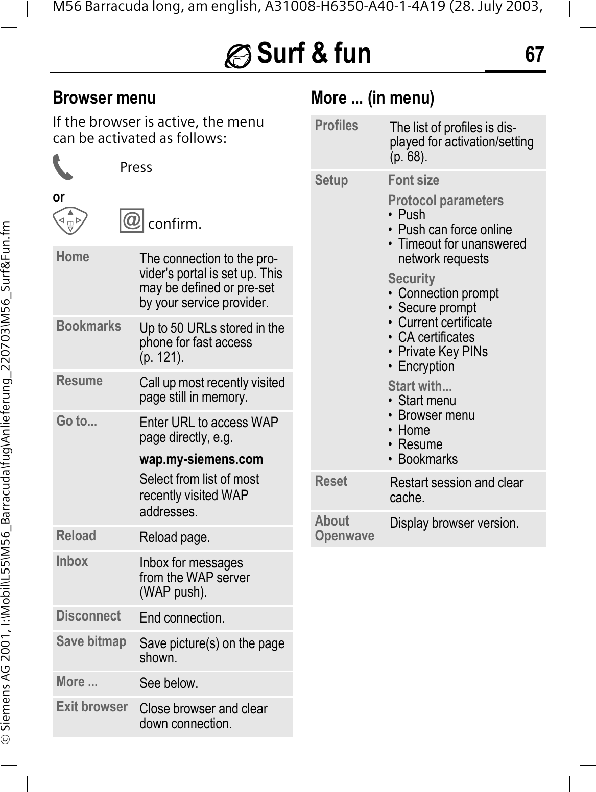  Surf &amp; fun 67M56 Barracuda long, am english, A31008-H6350-A40-1-4A19 (28. July 2003, &copy; Siemens AG 2001, I:\Mobil\L55\M56_Barracuda\fug\Anlieferung_220703\M56_Surf&amp;Fun.fmBrowser menuIf the browser is active, the menu can be activated as follows:Pressorconfirm.More ... (in menu)Home The connection to the pro-vider's portal is set up. This may be defined or pre-set by your service provider.Bookmarks Up to 50 URLs stored in the phone for fast access (p. 121).Resume Call up most recently visited page still in memory.Go to... Enter URL to access WAP page directly, e.g. wap.my-siemens.comSelect from list of most recently visited WAP addresses.Reload Reload page.Inbox Inbox for messages from the WAP server (WAP push).Disconnect End connection. Save bitmap Save picture(s) on the page shown.More ... See below.Exit browser Close browser and clear down connection.Profiles The list of profiles is dis-played for activation/setting (p. 68).Setup Font sizeProtocol parameters&bull;Push&bull; Push can force online&bull; Timeout for unanswered network requestsSecurity&bull; Connection prompt&bull; Secure prompt&bull; Current certificate&bull;CA certificates&bull; Private Key PINs&bull; EncryptionStart with... &bull;Start menu&bull; Browser menu&bull;Home&bull; Resume&bull; BookmarksReset Restart session and clear cache.About Openwave Display browser version.
