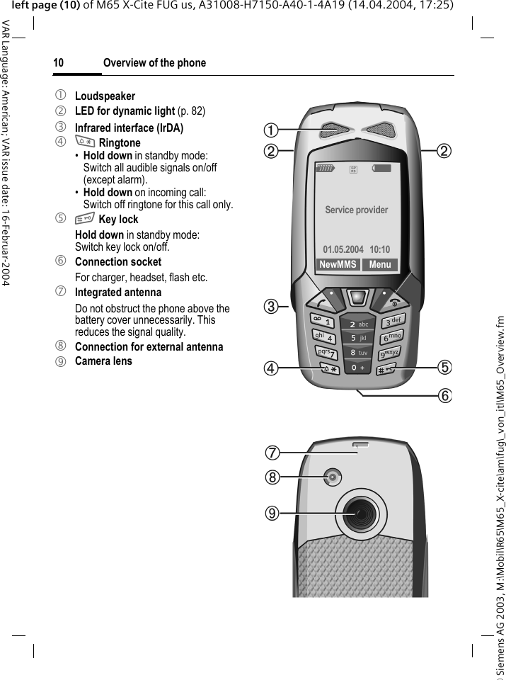 &copy; Siemens AG 2003, M:\Mobil\R65\M65_X-cite\am\fug\_von_itl\M65_Overview.fmOverview of the phone10VAR Language: American; VAR issue date: 16-Februar-2004left page (10) of M65 X-Cite FUG us, A31008-H7150-A40-1-4A19 (14.04.2004, 17:25)1 Loudspeaker2LED for dynamic light (p. 82)3 Infrared interface (IrDA)4 * Ringtone&bull;Hold down in standby mode: Switch all audible signals on/off (except alarm). &bull;Hold down on incoming call: Switch off ringtone for this call only.5 # Key lockHold down in standby mode: Switch key lock on/off.6 Connection socketFor charger, headset, flash etc.7 Integrated antennaDo not obstruct the phone above the battery cover unnecessarily. This reduces the signal quality.8  Connection for external antenna9  Camera lensZ&pound;XService provider01.05.2004  10:10NewMMS Menu