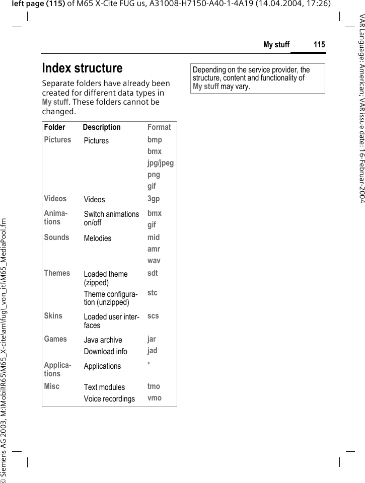 &copy; Siemens AG 2003, M:\Mobil\R65\M65_X-cite\am\fug\_von_itl\M65_MediaPool.fm115My stuffVAR Language: American; VAR issue date: 16-Februar-2004left page (115) of M65 X-Cite FUG us, A31008-H7150-A40-1-4A19 (14.04.2004, 17:26)Index structureSeparate folders have already been created for different data types inMy stuff. These folders cannot be changed.Folder Description FormatPictures Pictures bmpbmxjpg/jpegpnggifVideos Videos 3gpAnima-tions Switch animations on/offbmxgifSounds Melodies midamrwavThemes Loaded theme (zipped)Theme configura-tion (unzipped)sdtstcSkins Loaded user inter-facesscsGames Java archiveDownload infojarjadApplica-tions Applications *Misc Text modulesVoice recordingstmovmoDepending on the service provider, the structure, content and functionality ofMy stuff may vary.