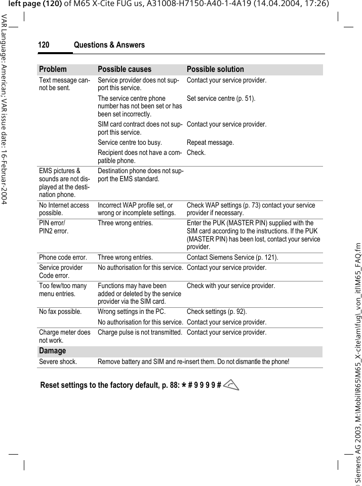 &copy; Siemens AG 2003, M:\Mobil\R65\M65_X-cite\am\fug\_von_itl\M65_FAQ.fmQuestions &amp; Answers120VAR Language: American; VAR issue date: 16-Februar-2004left page (120) of M65 X-Cite FUG us, A31008-H7150-A40-1-4A19 (14.04.2004, 17:26)Text message can-not be sent.Service provider does not sup-port this service.Contact your service provider.The service centre phone number has not been set or has been set incorrectly.Set service centre (p. 51).SIM card contract does not sup-port this service.Contact your service provider.Service centre too busy. Repeat message.Recipient does not have a com-patible phone.Check.EMS pictures &amp; sounds are not dis-played at the desti-nation phone.Destination phone does not sup-port the EMS standard.No Internet access possible.Incorrect WAP profile set, or wrong or incomplete settings.Check WAP settings (p. 73) contact your service provider if necessary.PIN error/PIN2 error.Three wrong entries. Enter the PUK (MASTER PIN) supplied with the SIM card according to the instructions. If the PUK (MASTER PIN) has been lost, contact your service provider.Phone code error. Three wrong entries. Contact Siemens Service (p. 121).Service providerCode error.No authorisation for this service. Contact your service provider.Too few/too many menu entries.Functions may have been added or deleted by the service provider via the SIM card.Check with your service provider.No fax possible. Wrong settings in the PC. Check settings (p. 92).No authorisation for this service. Contact your service provider.Charge meter does not work.Charge pulse is not transmitted. Contact your service provider.DamageSevere shock. Remove battery and SIM and re-insert them. Do not dismantle the phone!Problem Possible causes Possible solutionReset settings to the factory default, p. 88: * # 9 9 9 9 # A 