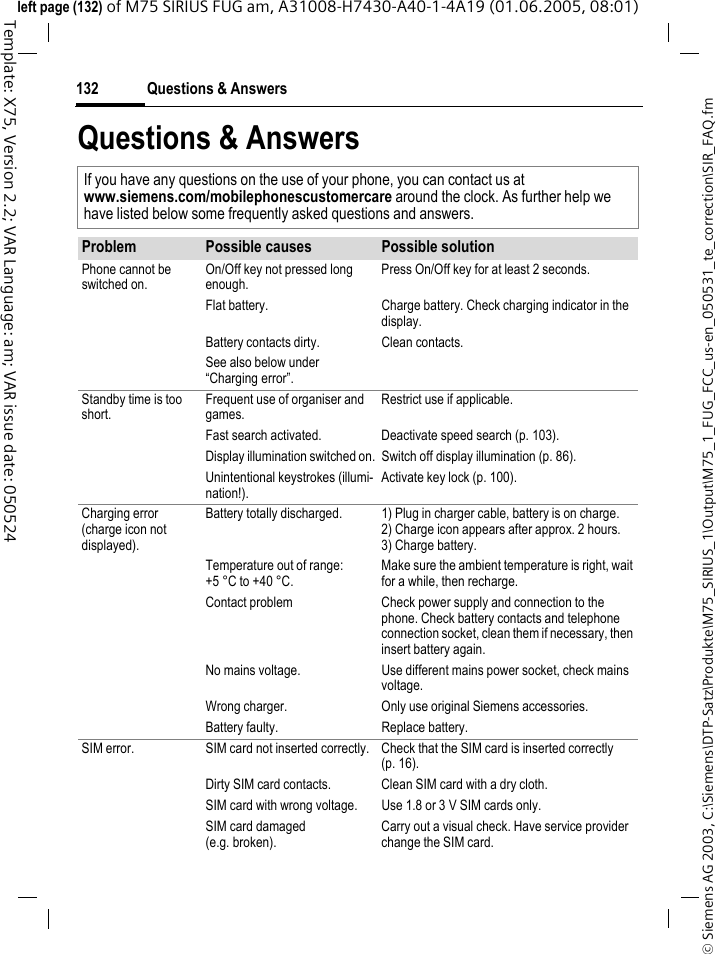 Questions &amp; Answers132&copy; Siemens AG 2003, C:\Siemens\DTP-Satz\Produkte\M75_SIRIUS_1\Output\M75_1_FUG_FCC_us-en_050531_te_correction\SIR_FAQ.fmTemplate: X75, Version 2.2; VAR Language: am; VAR issue date: 050524left page (132) of M75 SIRIUS FUG am, A31008-H7430-A40-1-4A19 (01.06.2005, 08:01)Questions &amp; AnswersIf you have any questions on the use of your phone, you can contact us atwww.siemens.com/mobilephonescustomercare around the clock. As further help we have listed below some frequently asked questions and answers.Problem Possible causes Possible solutionPhone cannot be switched on.On/Off key not pressed long enough.Press On/Off key for at least 2 seconds.Flat battery. Charge battery. Check charging indicator in the display.Battery contacts dirty. Clean contacts.See also below under &ldquo;Charging error&rdquo;.Standby time is too short.Frequent use of organiser and games.Restrict use if applicable.Fast search activated. Deactivate speed search (p. 103).Display illumination switched on. Switch off display illumination (p. 86).Unintentional keystrokes (illumi-nation!).Activate key lock (p. 100).Charging error (charge icon not displayed).Battery totally discharged. 1) Plug in charger cable, battery is on charge. 2) Charge icon appears after approx. 2 hours.3) Charge battery.Temperature out of range: +5 &deg;C to +40 &deg;C.Make sure the ambient temperature is right, wait for a while, then recharge.Contact problem Check power supply and connection to the phone. Check battery contacts and telephone connection socket, clean them if necessary, then insert battery again.No mains voltage. Use different mains power socket, check mains voltage.Wrong charger. Only use original Siemens accessories.Battery faulty. Replace battery.SIM error. SIM card not inserted correctly. Check that the SIM card is inserted correctly (p. 16).Dirty SIM card contacts. Clean SIM card with a dry cloth.SIM card with wrong voltage. Use 1.8 or 3 V SIM cards only.SIM card damaged (e.g. broken).Carry out a visual check. Have service provider change the SIM card.