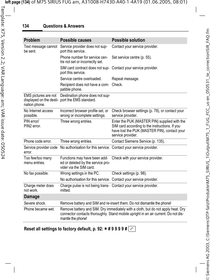 Questions &amp; Answers134&copy; Siemens AG 2003, C:\Siemens\DTP-Satz\Produkte\M75_SIRIUS_1\Output\M75_1_FUG_FCC_us-en_050531_te_correction\SIR_FAQ.fmTemplate: X75, Version 2.2; VAR Language: am; VAR issue date: 050524left page (134) of M75 SIRIUS FUG am, A31008-H7430-A40-1-4A19 (01.06.2005, 08:01)Text message cannot be sent.Service provider does not sup-port this service.Contact your service provider.Phone number for service cen-tre not set or incorrectly set.Set service centre (p. 55).SIM card contract does not sup-port this service.Contact your service provider.Service centre overloaded. Repeat message.Recipient does not have a com-patible phone.Check.EMS pictures are not displayed on the desti-nation phone.Destination phone does not sup-port the EMS standard.No Internet access possible.Incorrect browser profile set, or wrong or incomplete settings.Check browser settings (p. 78), or contact your service provider.PIN error/PIN2 error.Three wrong entries. Enter the PUK (MASTER PIN) supplied with the SIM card according to the instructions. If you have lost the PUK (MASTER PIN), contact your service provider.Phone code error. Three wrong entries. Contact Siemens Service (p. 135).Service provider code error.No authorisation for this service. Contact your service provider.Too few/too many menu entries.Functions may have been add-ed or deleted by the service pro-vider via the SIM card.Check with your service provider.No fax possible. Wrong settings in the PC. Check settings (p. 98).No authorisation for this service. Contact your service provider.Charge meter does not work.Charge pulse is not being trans-mitted.Contact your service provider.DamageSevere shock. Remove battery and SIM and re-insert them. Do not dismantle the phone!Phone became wet. Remove battery and SIM. Dry immediately with a cloth, but do not apply heat. Dry connector contacts thoroughly. Stand mobile upright in an air current. Do not dis-mantle the phone!Problem Possible causes Possible solutionReset all settings to factory default, p. 92: * # 9 9 9 9 # A 