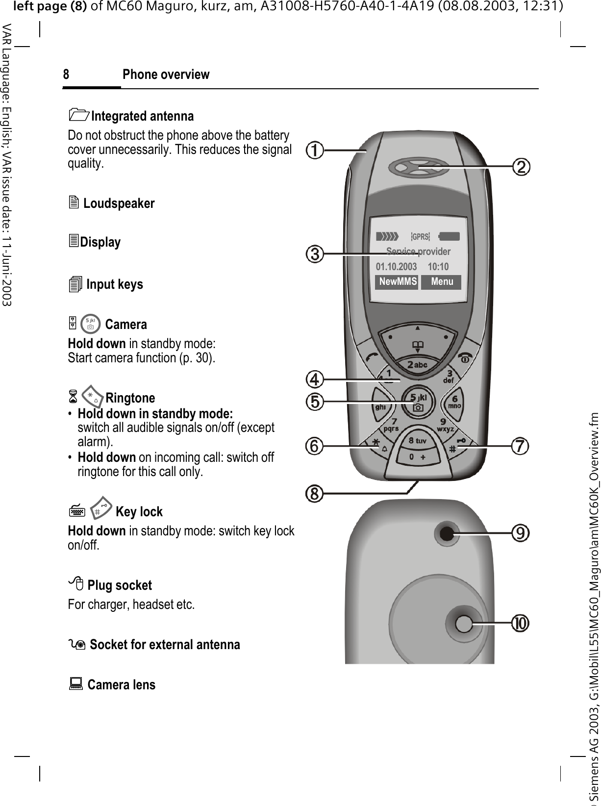 © Siemens AG 2003, G:\Mobil\L55\MC60_Maguro\am\MC60K_Overview.fmleft page (8) of MC60 Maguro, kurz, am, A31008-H5760-A40-1-4A19 (08.08.2003, 12:31)Phone overview8VAR Language: English; VAR issue date: 11-Juni-2003Integrated antenna Do not obstruct the phone above the battery cover unnecessarily. This reduces the signal quality. LoudspeakerDisplay Input keys CameraHold down in standby mode:Start camera function (p. 30). Ringtone•Hold down in standby mode:switch all audible signals on/off (except alarm). •Hold down on incoming call: switch off ringtone for this call only. Key lock Hold down in standby mode: switch key lock on/off. Plug socketFor charger, headset etc. Socket for external antenna Camera lens0u8Service provider01.10.2003  10:10NewMMS Menu