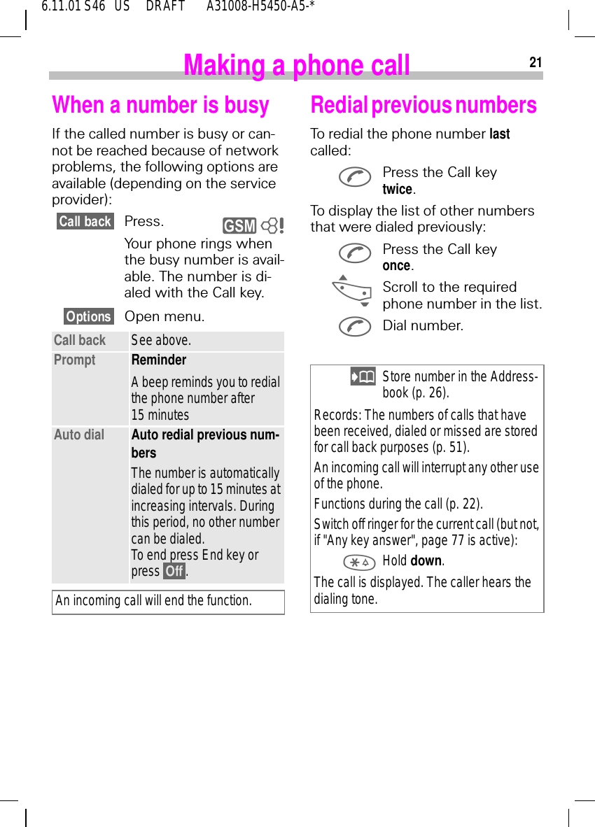 216.11.01 S46   US     DRAFT       A31008-H5450-A5-*Making a phone callWhen a number is busyIf the called number is busy or can-not be reached because of network problems, the following options are available (depending on the service provider):Press. Your phone rings when the busy number is avail-able. The number is di-aled with the Call key. Open menu.Call back See above.Prompt ReminderA beep reminds you to redial the phone number after 15 minutesAuto dial Auto redial previous num-bersThe number is automatically dialed for up to 15 minutes at increasing intervals. During this period, no other number can be dialed. To end press End key or press  .An incoming call will end the function.y 8Redial previous numbers  To redial the phone number last called: Press the Call key twice.To display the list of other numbers that were dialed previously: Press the Call key once. _Scroll to the required phone number in the list. Dial number.  Store number in the Address-book (p. 26).Records: The numbers of calls that have been received, dialed or missed are stored for call back purposes (p. 51).An incoming call will interrupt any other use of the phone.Functions during the call (p. 22).Switch off ringer for the current call (but not, if "Any key answer", page 77 is active): Hold down.The call is displayed. The caller hears the dialing tone.