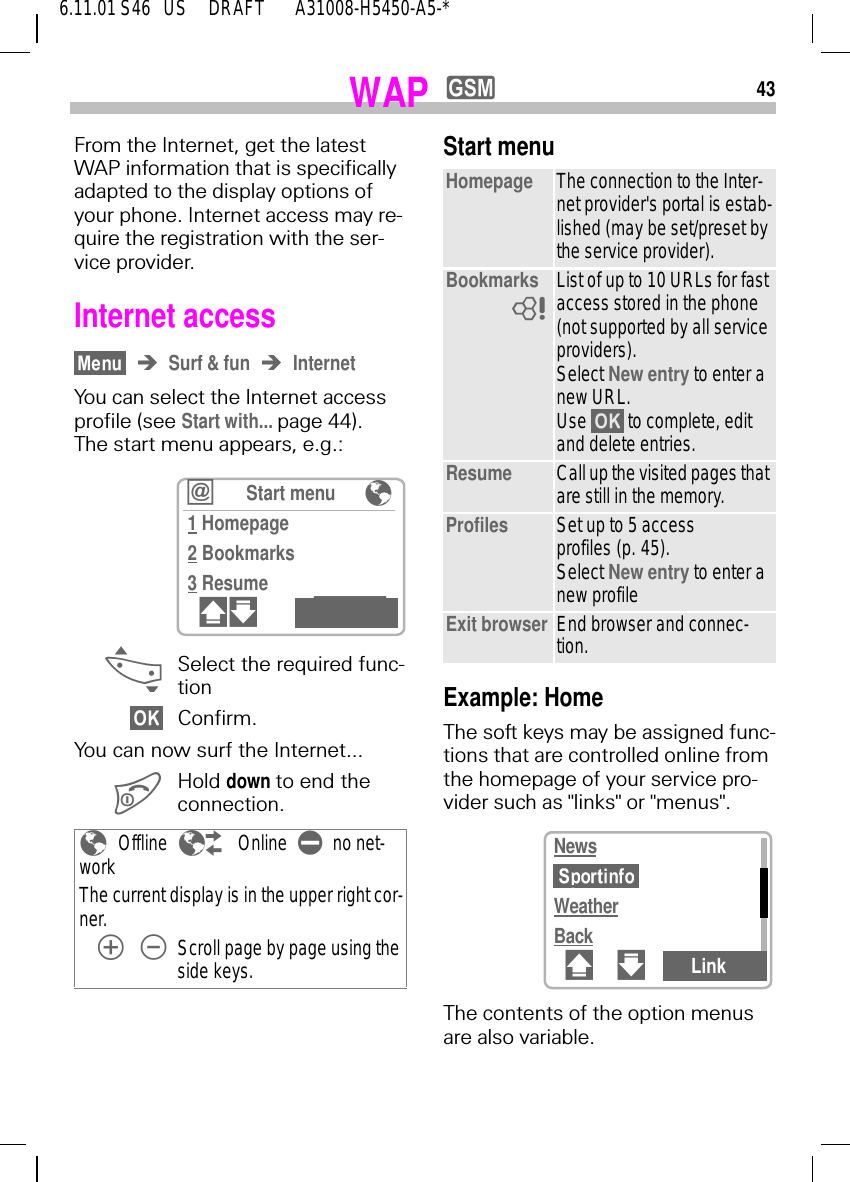 436.11.01 S46   US     DRAFT       A31008-H5450-A5-*WAP yFrom the Internet, get the latest WAP information that is specifically adapted to the display options of your phone. Internet access may re-quire the registration with the ser-vice provider.Internet accessSurf &amp; fun InternetYou can select the Internet access profile (see Start with... page 44). The start menu appears, e.g.: _Select the required func-tion Confirm.You can now surf the Internet... Hold down to end the connection. mOffline nOnline ono net-workThe current display is in the upper right cor-ner.   Scroll page by page using the side keys. kStart menu m1 Homepage2 Bookmarks3 Resume#" _Start menuExample: HomeThe soft keys may be assigned func-tions that are controlled online from the homepage of your service pro-vider such as "links" or "menus".The contents of the option menus are also variable.Homepage The connection to the Inter-net provider's portal is estab-lished (may be set/preset by the service provider).Bookmarks List of up to 10 URLs for fast access stored in the phone (not supported by all service providers).Select New entry to enter a new URL.Use   to complete, edit and delete entries. Resume Call up the visited pages that are still in the memory.Profiles Set up to 5 access profiles (p. 45).Select New entry to enter a new profileExit browser End browser and connec-tion.8NewsWeatherBack# " Link