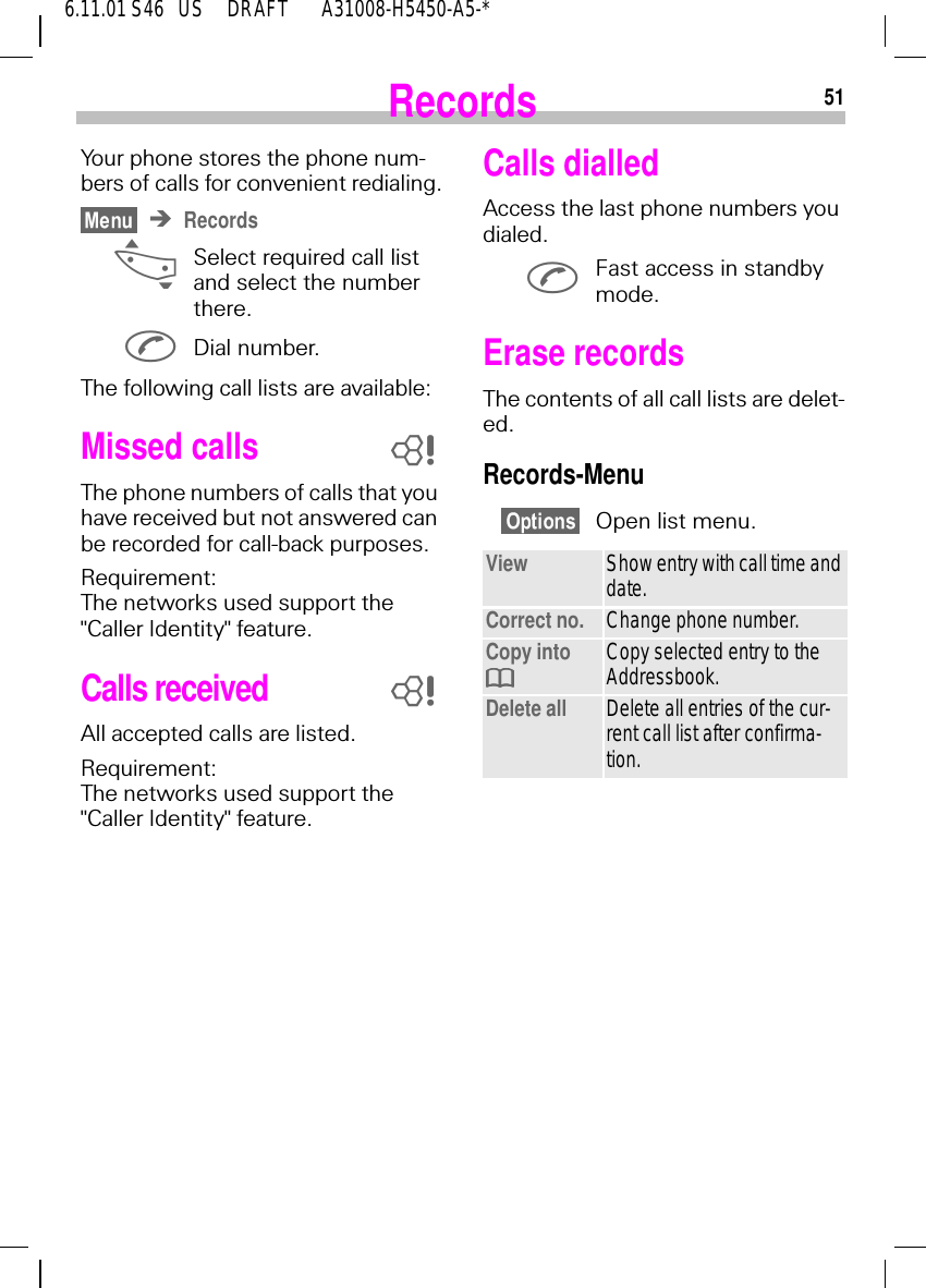 516.11.01 S46   US     DRAFT       A31008-H5450-A5-*RecordsYour phone stores the phone num-bers of calls for convenient redialing.Records _Select required call list and select the number there. Dial number.The following call lists are available:Missed callsThe phone numbers of calls that you have received but not answered can be recorded for call-back purposes.Requirement: The networks used support the "Caller Identity" feature.Calls receivedAll accepted calls are listed.Requirement: The networks used support the "Caller Identity" feature.88Calls dialledAccess the last phone numbers you dialed. Fast access in standby mode.Erase recordsThe contents of all call lists are delet-ed.Records-MenuOpen list menu.View Show entry with call time and date.Correct no. Change phone number.Copy into  Copy selected entry to the Addressbook.Delete all Delete all entries of the cur-rent call list after confirma-tion.