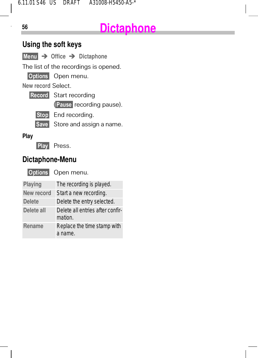 566.11.01 S46   US     DRAFT       A31008-H5450-A5-*DictaphoneUsing the soft keysOffice DictaphoneThe list of the recordings is opened.Open menu.New record Select.Start recording( recording pause).End recording.Store and assign a name.PlayPress.Dictaphone-MenuOpen menu.Playing The recording is played.New record Start a new recording.Delete Delete the entry selected.Delete all Delete all entries after confir-mation.Rename Replace the time stamp with a name.