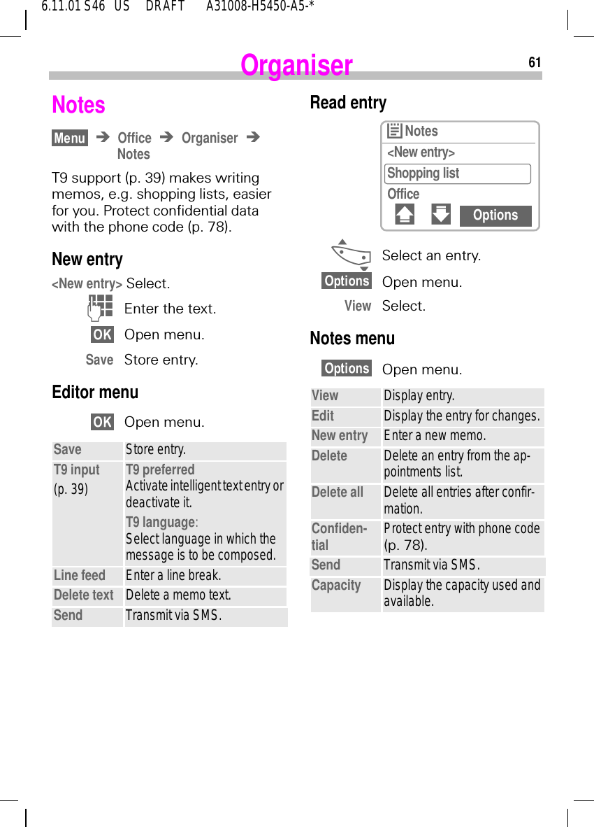 616.11.01 S46   US     DRAFT       A31008-H5450-A5-*OrganiserNotesOffice OrganiserNotes T9 support (p. 39) makes writing memos, e.g. shopping lists, easier for you. Protect confidential data with the phone code (p. 78).New entry<New entry> Select. )Enter the text.Open menu.Save Store entry.Editor menuOpen menu.Save Store entry.T9 input(p. 39) T9 preferredActivate intelligent text entry or deactivate it.T9 language: Select language in which the message is to be composed.Line feed Enter a line break.Delete text Delete a memo text.Send Transmit via SMS.Read entry _Select an entry.Open menu.View Select.Notes menuOpen menu.View Display entry.Edit Display the entry for changes.New entry Enter a new memo.Delete Delete an entry from the ap-pointments list.Delete all Delete all entries after confir-mation.Confiden-tial Protect entry with phone code (p. 78).Send Transmit via SMS.Capacity Display the capacity used and available.r Notes<New entry>Shopping listOffice# " Options