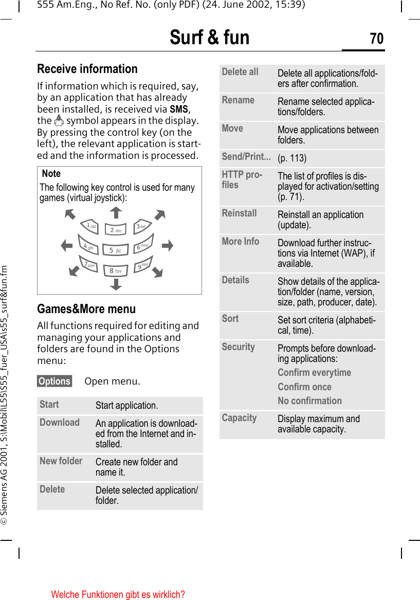 Surf &amp; fun 70S55 Am.Eng., No Ref. No. (only PDF) (24. June 2002, 15:39)&copy; Siemens AG 2001, S:\Mobil\L55\S55_fuer_USA\s55_surf&amp;fun.fmReceive informationIf information which is required, say, by an application that has already been installed, is received via SMS, the  &brvbar; symbol appears in the display. By pressing the control key (on the left), the relevant application is start-ed and the information is processed. Games&amp;More menu All functions required for editing and managing your applications and folders are found in the Options menu:&sect;Options&sect; Open menu.  NoteThe following key control is used for many games (virtual joystick): Start Start application.Download An application is download-ed from the Internet and in-stalled.New folder Create new folder and name it.Delete Delete selected application/folder.28641 3795Delete all Delete all applications/fold-ers after confirmation.Rename Rename selected applica-tions/folders.Move Move applications between folders.Send/Print... (p. 113)HTTP pro-files The list of profiles is dis-played for activation/setting (p. 71).Reinstall Reinstall an application (update).More Info Download further instruc-tions via Internet (WAP), if available.Details Show details of the applica-tion/folder (name, version, size, path, producer, date).Sort Set sort criteria (alphabeti-cal, time).Security Prompts before download-ing applications:Confirm everytimeConfirm onceNo confirmationCapacity Display maximum and available capacity.Welche Funktionen gibt es wirklich?
