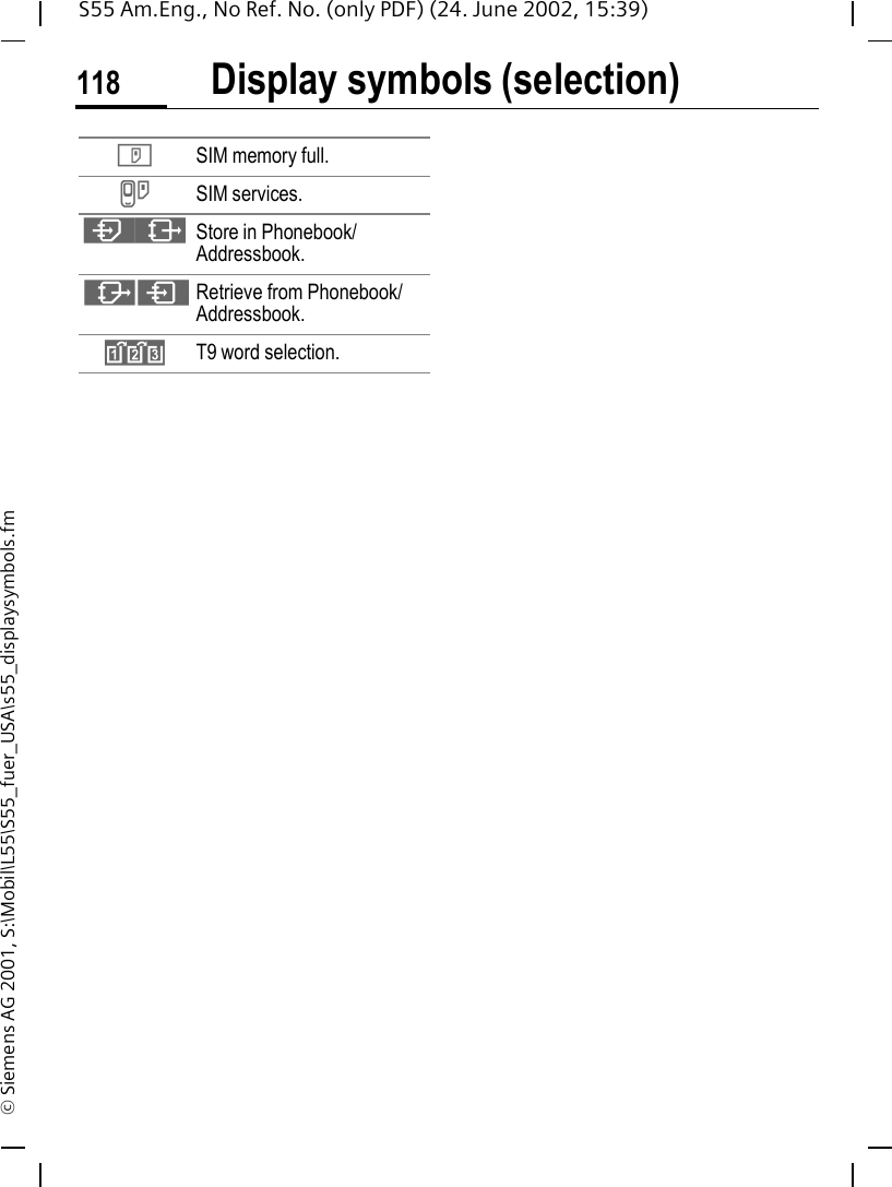 Display symbols (selection)118S55 Am.Eng., No Ref. No. (only PDF) (24. June 2002, 15:39)&copy; Siemens AG 2001, S:\Mobil\L55\S55_fuer_USA\s55_displaysymbols.fm T  SIM memory full. }SIM services. &sup1; Store in Phonebook/Addressbook. &middot;&ordm; Retrieve from Phonebook/Addressbook. &raquo;T9 word selection.