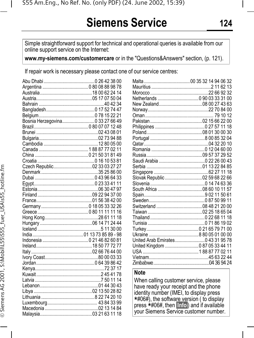 Siemens Service 124S55 Am.Eng., No Ref. No. (only PDF) (24. June 2002, 15:39)&copy; Siemens AG 2001, S:\Mobil\L55\S55_fuer_USA\s55_hotline.fmSiemens ServiceAbu Dhabi .........................................0 26 42 38 00Argentina .....................................0 80 08 88 98 78Australia..........................................18 00 62 24 14Austria.............................................05 17 07 50 04Bahrain .....................................................40 42 34Bangladesh.......................................0 17 52 74 47Belgium.............................................0 78 15 22 21Bosnia Herzegovina..........................0 33 27 66 49Brazil............................................0 80 07 07 12 48Brunei ..................................................02 43 08 01Bulgaria................................................02 73 94 88Cambodia ............................................12 80 05 00Canada ........................................1 88 87 77 02 11China ...........................................0 21 50 31 81 49Croatia ..............................................0 16 10 53 81Czech Republic...............................02 33 03 27 27Denmark ..............................................35 25 86 00Dubai ................................................0 43 96 64 33Egypt.................................................0 23 33 41 11Estonia.................................................06 30 47 97Finland............................................09 22 94 37 00France.............................................01 56 38 42 00Germany......................................0 18 05 33 32 26Greece.........................................0 80 11 11 11 16Hong Kong...........................................28 61 11 18Hungary ..........................................06 14 71 24 44Iceland ...................................................5 11 30 00India.........................................01 13 73 85 89 - 98Indonesia .....................................0 21 46 82 60 81Ireland.............................................18 50 77 72 77Italy .................................................02 66 76 44 00Ivory Coast...........................................80 00 03 33Jordan...............................................0 64 39 86 42Kenya........................................................72 37 17Kuwait....................................................2 45 41 78Latvia .....................................................7 50 11 14Lebanon...............................................01 44 30 43Libya ...............................................02 13 50 28 82Lithuania ...........................................8 22 74 20 10Luxembourg........................................ 43 84 33 99Macedonia ...........................................02 13 14 84Malaysia..........................................03 21 63 11 18Malta.....................................00 35 32 14 94 06 32Mauritius ................................................2 11 62 13Morocco...............................................22 66 92 32Netherlands .................................0 90 03 33 31 00New Zealand...................................08 00 27 43 63Norway.................................................22 70 84 00Oman....................................................... 79 10 12Pakistan..........................................02 15 66 22 00Philippines ........................................0 27 57 11 18Poland.............................................08 01 30 00 30Portugal ............................................8 00 85 32 04Qatar....................................................04 32 20 10Romania ...........................................0 12 04 60 00Russia.............................................09 57 37 29 52Saudi Arabia .....................................0 22 26 00 43Serbia .............................................01 13 22 84 85Singapore ............................................62 27 11 18Slovak Republic..............................02 59 68 22 66Slovenia............................................0 14 74 63 36South Africa ....................................08 60 10 11 57Spain.................................................9 02 11 50 61Sweden.............................................0 87 50 99 11Switzerland .....................................08 48 21 20 00Taiwan ............................................02 25 18 65 04Thailand............................................0 22 68 11 18Tunisia ..............................................0 71 86 19 02Turkey..........................................0 21 65 79 71 00Ukraine ........................................8 80 05 01 00 00United Arab Emirates........................0 43 31 95 78United Kingdom ...........................0 87 05 33 44 11USA .............................................1 88 87 77 02 11Vietnam................................................45 63 22 44Zimbabwe..............................................04 36 94 24Simple straightforward support for technical and operational queries is available from our online support service on the Internet: www.my-siemens.com/customercare or in the "Questions&amp;Answers" section, (p. 121).If repair work is necessary please contact one of our service centres:NoteWhen calling customer service, please have ready your receipt and the phone identity number (IMEI, to display press *#06#), the software version ( to display press *#06#, then &sect;Info&sect;) and if available your Siemens Service customer number.