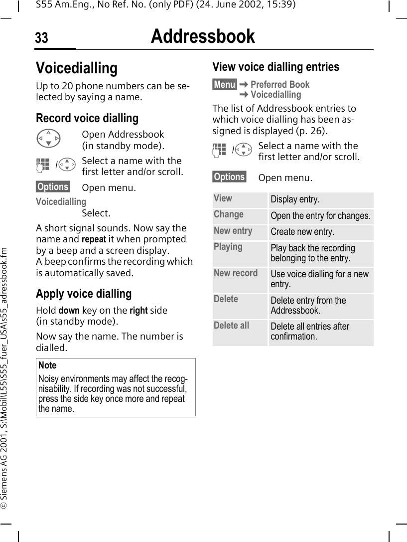 Addressbook33S55 Am.Eng., No Ref. No. (only PDF) (24. June 2002, 15:39)&copy; Siemens AG 2001, S:\Mobil\L55\S55_fuer_USA\s55_adressbook.fmVoicediallingUp to 20 phone numbers can be se-lected by saying a name.Record voice dialling FOpen Addressbook (in standby mode). J / GSelect a name with the first letter and/or scroll. &sect;Options&sect; Open menu.VoicediallingSelect.A short signal sounds. Now say the name and repeat it when prompted by a beep and a screen display. A beep confirms the recording which is automatically saved. Apply voice diallingHold down key on the right side (in standby mode).Now say the name. The number is dialled. View voice dialling entries&sect;Menu&sect; KPreferred Book KVoicediallingThe list of Addressbook entries to which voice dialling has been as-signed is displayed (p. 26). J / GSelect a name with the first letter and/or scroll. &sect;Options&sect; Open menu. NoteNoisy environments may affect the recog-nisability. If recording was not successful, press the side key once more and repeat the name.View Display entry.Change Open the entry for changes.New entry Create new entry.Playing Play back the recording belonging to the entry.New record Use voice dialling for a new entry.Delete Delete entry from the Addressbook.Delete all Delete all entries after confirmation.