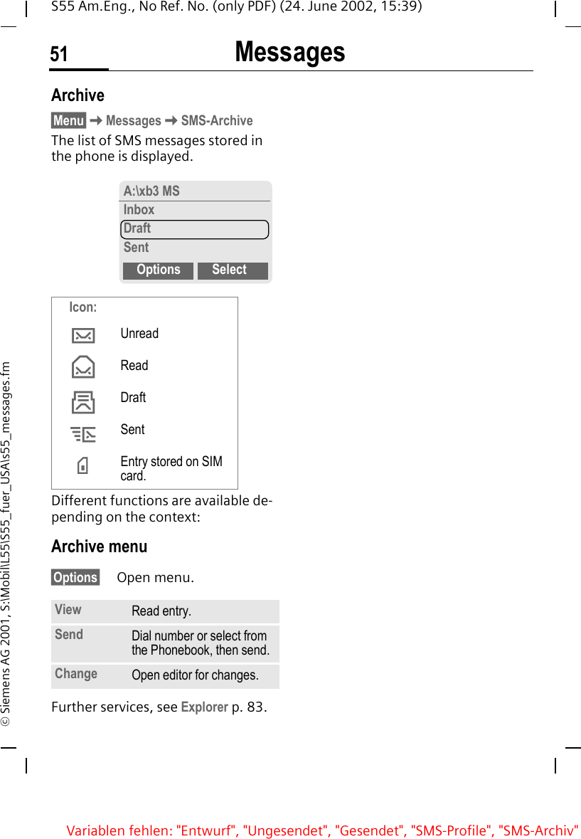 Messages51S55 Am.Eng., No Ref. No. (only PDF) (24. June 2002, 15:39)&copy; Siemens AG 2001, S:\Mobil\L55\S55_fuer_USA\s55_messages.fmArchive&sect;Menu&sect; KMessages KSMS-ArchiveThe list of SMS messages stored in the phone is displayed. Different functions are available de-pending on the context:Archive menu&sect;Options&sect; Open menu.Further services, see Explorer p. 83.Icon: &hellip;Unread &fnof;Read &sbquo;Draft &bdquo;Sent &times;Entry stored on SIM card.View Read entry.Send Dial number or select from the Phonebook, then send.Change Open editor for changes.A:\xb3 MSInboxDraftSentOptions SelectVariablen fehlen: "Entwurf", "Ungesendet", "Gesendet", "SMS-Profile", "SMS-Archiv"