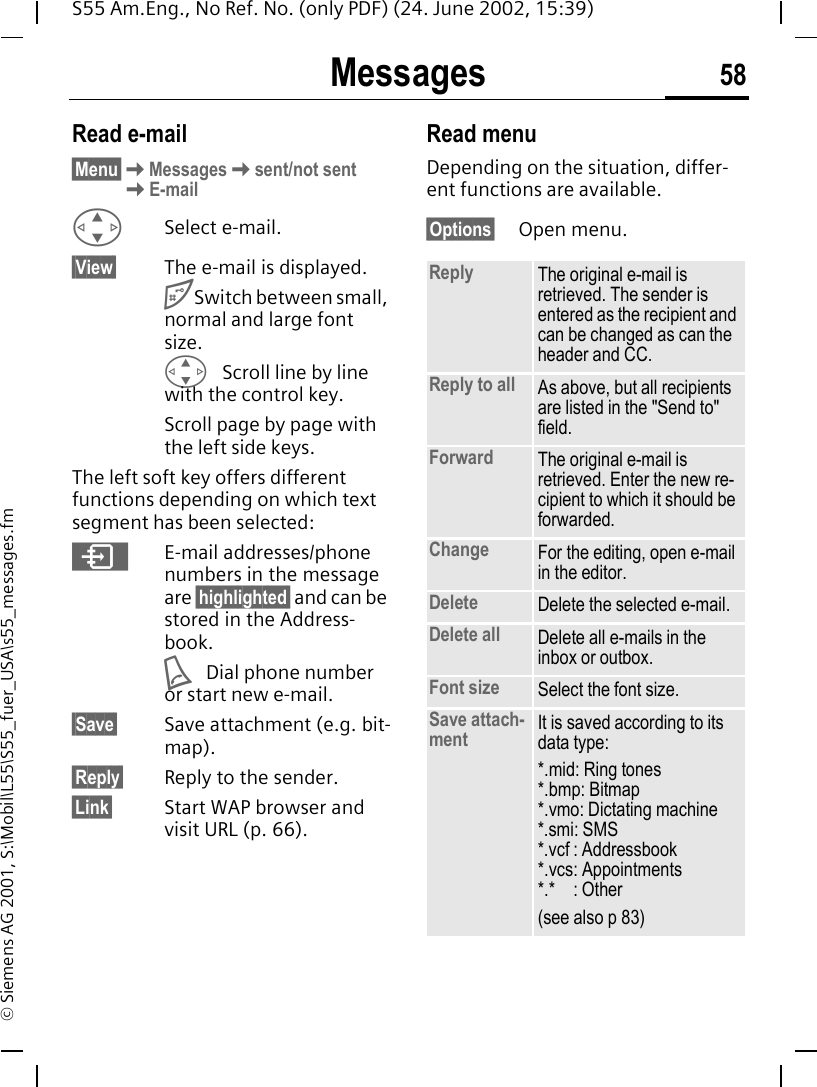 Messages 58S55 Am.Eng., No Ref. No. (only PDF) (24. June 2002, 15:39)&copy; Siemens AG 2001, S:\Mobil\L55\S55_fuer_USA\s55_messages.fmRead e-mail&sect;Menu&sect; KMessages Ksent/not sent  KE-mail GSelect e-mail.&sect;View&sect; The e-mail is displayed. #Switch between small, normal and large font size. G Scroll line by line with the control key.Scroll page by page with the left side keys.The left soft key offers different functions depending on which text segment has been selected: &ordm;E-mail addresses/phone numbers in the message are &sect;highlighted&sect; and can be stored in the Address-book. A Dial phone number or start new e-mail.&sect;Save&sect; Save attachment (e.g. bit-map).&sect;Reply&sect; Reply to the sender.&sect;Link&sect; Start WAP browser and visit URL (p. 66).Read menuDepending on the situation, differ-ent functions are available.&sect;Options&sect; Open menu.Reply The original e-mail is retrieved. The sender is entered as the recipient and can be changed as can the header and CC.Reply to all As above, but all recipients are listed in the "Send to" field.Forward The original e-mail is retrieved. Enter the new re-cipient to which it should be forwarded.Change For the editing, open e-mail in the editor.Delete Delete the selected e-mail.Delete all Delete all e-mails in the inbox or outbox. Font size Select the font size.Save attach-ment It is saved according to its data type:*.mid: Ring tones*.bmp: Bitmap*.vmo: Dictating machine*.smi: SMS*.vcf : Addressbook*.vcs: Appointments*.* : Other(see also p 83)