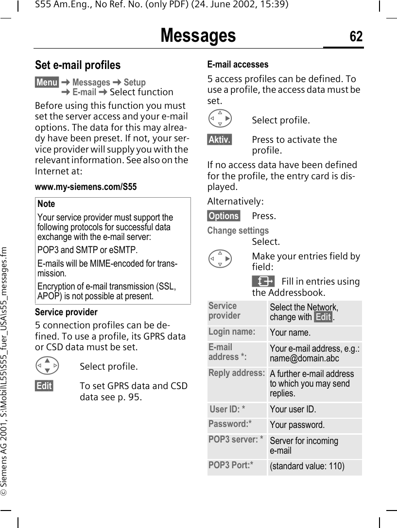 Messages 62S55 Am.Eng., No Ref. No. (only PDF) (24. June 2002, 15:39)&copy; Siemens AG 2001, S:\Mobil\L55\S55_fuer_USA\s55_messages.fmSet e-mail profiles&sect;Menu&sect; KMessages KSetup  KE-mail KSelect functionBefore using this function you must set the server access and your e-mail options. The data for this may alrea-dy have been preset. If not, your ser-vice provider will supply you with the relevant information. See also on the Internet at:www.my-siemens.com/S55Service provider5 connection profiles can be de-fined. To use a profile, its GPRS data or CSD data must be set. GSelect profile.&sect;Edit&sect; To set GPRS data and CSD data see p. 95.E-mail accesses5 access profiles can be defined. To use a profile, the access data must be set. DSelect profile.&sect;Aktiv.&sect; Press to activate the profile.If no access data have been defined for the profile, the entry card is dis-played. Alternatively:&sect;Options&sect; Press.Change settings Select. DMake your entries field by field: &sup1; Fill in entries using the Addressbook.NoteYour service provider must support the following protocols for successful data exchange with the e-mail server:POP3 and SMTP or eSMTP.E-mails will be MIME-encoded for trans-mission.Encryption of e-mail transmission (SSL, APOP) is not possible at present. Service provider Select the Network, change with &sect;Edit&sect;.Login name: Your name.E-mail address *: Your e-mail address, e.g.:name@domain.abcReply address: A further e-mail address to which you may send replies.User ID: * Your user ID.Password:* Your password.POP3 server: * Server for incoming e-mailPOP3 Port:* (standard value: 110)