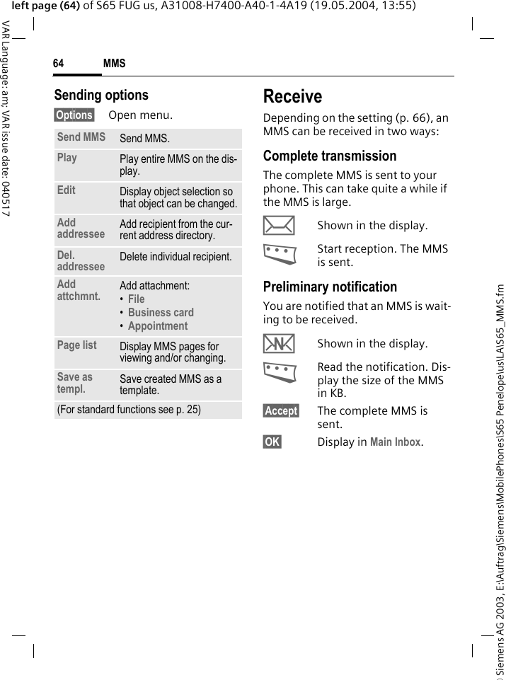 &copy; Siemens AG 2003, E:\Auftrag\Siemens\MobilePhones\S65 Penelope\us\LA\S65_MMS.fmMMS64VAR Language: am; VAR issue date: 040517left page (64) of S65 FUG us, A31008-H7400-A40-1-4A19 (19.05.2004, 13:55)Sending options&sect;Options&sect; Open menu.ReceiveDepending on the setting (p. 66), an MMS can be received in two ways:Complete transmissionThe complete MMS is sent to your phone. This can take quite a while if the MMS is large.&ccedil;Shown in the display.<Start reception. The MMS is sent.Preliminary notificationYou are notified that an MMS is wait-ing to be received.wShown in the display.<Read the notification. Dis-play the size of the MMS in KB.&sect;Accept&sect; The complete MMS is sent.&sect;OK&sect; Display in Main Inbox.Send MMS Send MMS.Play Play entire MMS on the dis-play.Edit Display object selection so that object can be changed.Add addressee Add recipient from the cur-rent address directory.Del. addressee Delete individual recipient.Add attchmnt. Add attachment:&bull;File &bull;Business card &bull;Appointment Page list Display MMS pages for viewing and/or changing.Save as templ. Save created MMS as a template.(For standard functions see p. 25)