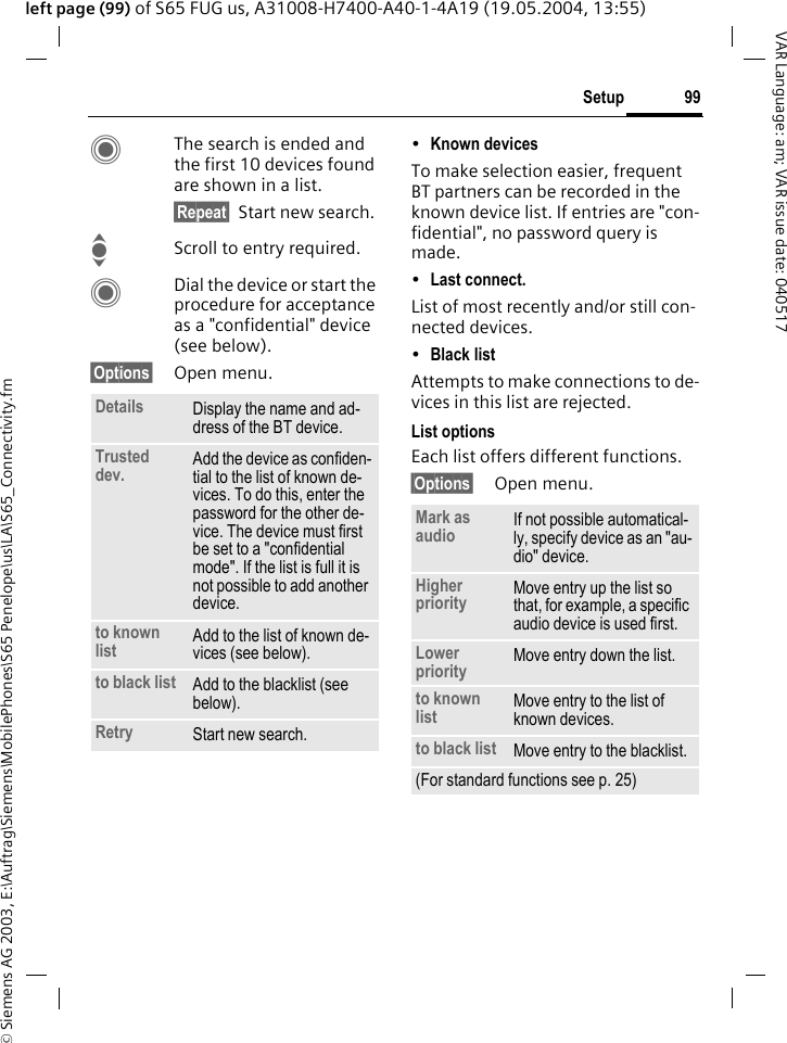 &copy; Siemens AG 2003, E:\Auftrag\Siemens\MobilePhones\S65 Penelope\us\LA\S65_Connectivity.fm99SetupVAR Language: am; VAR issue date: 040517left page (99) of S65 FUG us, A31008-H7400-A40-1-4A19 (19.05.2004, 13:55)CThe search is ended and the first 10 devices found are shown in a list.&sect;Repeat&sect; Start new search.IScroll to entry required.CDial the device or start the procedure for acceptance as a "confidential" device (see below).&sect;Options&sect; Open menu.&bull;Known devices To make selection easier, frequent BT partners can be recorded in the known device list. If entries are "con-fidential", no password query is made. &bull;Last connect. List of most recently and/or still con-nected devices. &bull;Black list Attempts to make connections to de-vices in this list are rejected.List optionsEach list offers different functions.&sect;Options&sect; Open menu.Details Display the name and ad-dress of the BT device.Trusted dev. Add the device as confiden-tial to the list of known de-vices. To do this, enter the password for the other de-vice. The device must first be set to a "confidential mode". If the list is full it is not possible to add another device.to known list Add to the list of known de-vices (see below). to black list Add to the blacklist (see below). Retry Start new search.Mark as audio If not possible automatical-ly, specify device as an "au-dio" device.Higher priority Move entry up the list so that, for example, a specific audio device is used first.Lower priority Move entry down the list.to known list Move entry to the list of known devices. to black list Move entry to the blacklist.(For standard functions see p. 25)