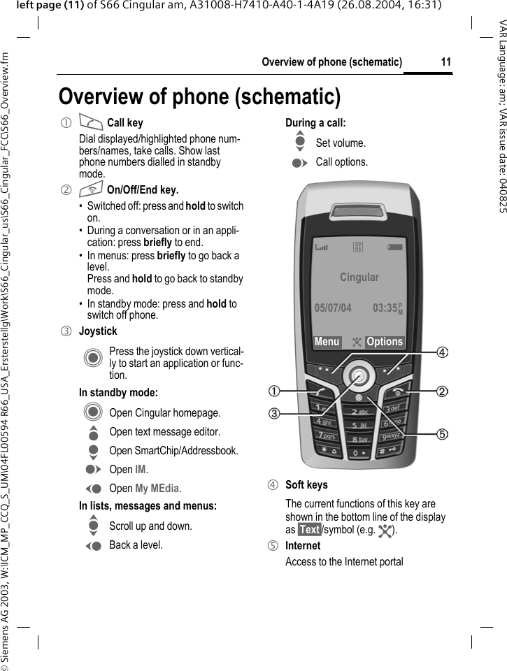 &copy; Siemens AG 2003, W:\ICM_MP_CCQ_S_UM\04FL00594 R66_USA_Ersterstellg\Work\S66_Cingular_us\S66_Cingular_FCC\S66_Overview.fm11Overview of phone (schematic)VAR Language: am; VAR issue date: 040825left page (11) of S66 Cingular am, A31008-H7410-A40-1-4A19 (26.08.2004, 16:31)Overview of phone (schematic)1 A Call keyDial displayed/highlighted phone num-bers/names, take calls. Show last phone numbers dialled in standby mode. 2 B On/Off/End key.&bull; Switched off: press and hold to switch on.&bull; During a conversation or in an appli-cation: press briefly to end. &bull; In menus: press briefly to go back a level. Press and hold to go back to standby mode.&bull; In standby mode: press and hold to switch off phone.3 JoystickC Press the joystick down vertical-ly to start an application or func-tion.In standby mode:C Open Cingular homepage.G Open text message editor.H Open SmartChip/Addressbook.E Open IM.D Open My MEdia.In lists, messages and menus:I Scroll up and down.D Back a level.During a call:I Set volume.E Call options. 4 Soft keysThe current functions of this key are shown in the bottom line of the display as &sect;Text&sect;/symbol (e.g. ?).5 InternetAccess to the Internet portalZ &pound;X Cingular05/07/04 03:35Menu ?OptionsPM