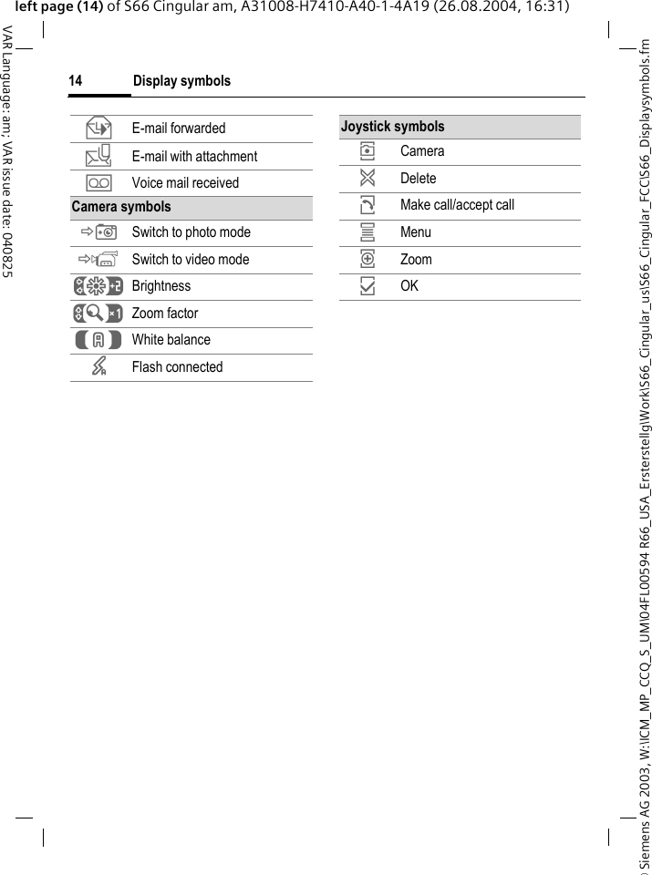&copy; Siemens AG 2003, W:\ICM_MP_CCQ_S_UM\04FL00594 R66_USA_Ersterstellg\Work\S66_Cingular_us\S66_Cingular_FCC\S66_Displaysymbols.fmDisplay symbols14VAR Language: am; VAR issue date: 040825left page (14) of S66 Cingular am, A31008-H7410-A40-1-4A19 (26.08.2004, 16:31)z E-mail forwarded{ E-mail with attachment&Agrave; Voice mail receivedCamera symbols&Egrave; Switch to photo mode&Eacute; Switch to video mode&Ugrave; Brightness&Uacute; Zoom factor&Ucirc; White balance&times; Flash connectedJoystick symbols&icirc; Camera&ntilde; Delete&eth; Make call/accept call&iacute; Menu&iuml; Zoom&igrave; OK