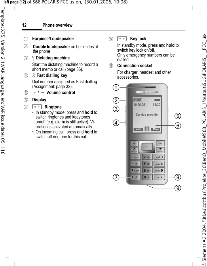Phone overview12&copy; Siemens AG 2004, \\Itl.eu\cottbus\Projekte_30\BenQ_Mobile\S68_POLARIS_1\output\SUG\POLARIS_1_FCC_us-left page (12) of S68 POLARIS FCC us-en,  (30.01.2006, 10:08)Template: X75, Version 2.1;VAR Language: en; VAR issue date: 0511161 Earpiece/Loudspeaker2 Double loudspeaker on both sides of the phone3 &fnof; Dictating machineStart the dictating machine to record a short memo or call (page 36).4 &sbquo; Fast dialling keyDial number assigned as Fast dialling (Assignment: page 32).5 [/ \ Volume control6 Display7 *Ringtone&bull; In standby mode, press and hold to switch ringtones and keaytones on/off (e.g. alarm is still active). Vi-bration is activated automatically. &bull; On incoming call, press and hold to switch off ringtone for this call.8 # Key lockIn standby mode, press and hold to switch key lock on/off. Only emergency numbers can be dialled.9 Connection socketFor charger, headset and other accessories.&aacute; &szlig; 10.06.05 14:20Service providerInbox &iacute;Menu 