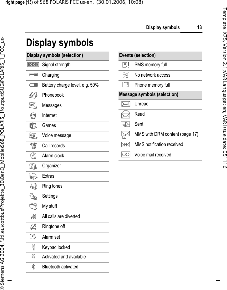 13Display symbolsright page (13) of S68 POLARIS FCC us-en,  (30.01.2006, 10:08)&copy; Siemens AG 2004, \\Itl.eu\cottbus\Projekte_30\BenQ_Mobile\S68_POLARIS_1\output\SUG\POLARIS_1_FCC_us-Template: X75, Version 2.1;VAR Language: en; VAR issue date: 051116Display symbolsDisplay symbols (selection)&aacute; Signal strength&agrave; Charging&THORN; Battery charge level, e.g. 50%L Phonebook M MessagesO InternetW GamesV Voice messageP Call recordsR Alarm clockQ OrganizerS ExtrasU Ring tonesT SettingsN My stuff&Ccedil; All calls are diverted&frac12; Ringtone off&sup1; Alarm set&Auml; Keypad locked&pound; Activated and available&uml; Bluetooth activated Events (selection) &aring; SMS memory full&AElig; No network access&ccedil; Phone memory fullMessage symbols (selection)m Unreadn Readp Sentt MMS with DRM content (page 17)r MMS notification received&micro; Voice mail received